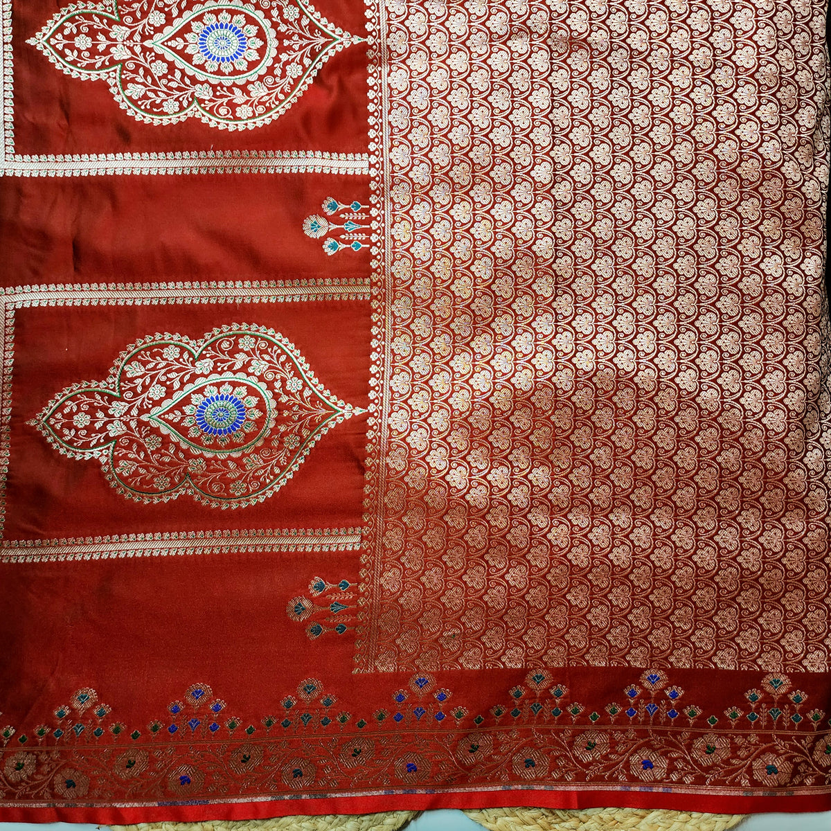 Red Banarasi Katan Silk Saree with Multicolor Meenakari Floral Jaal