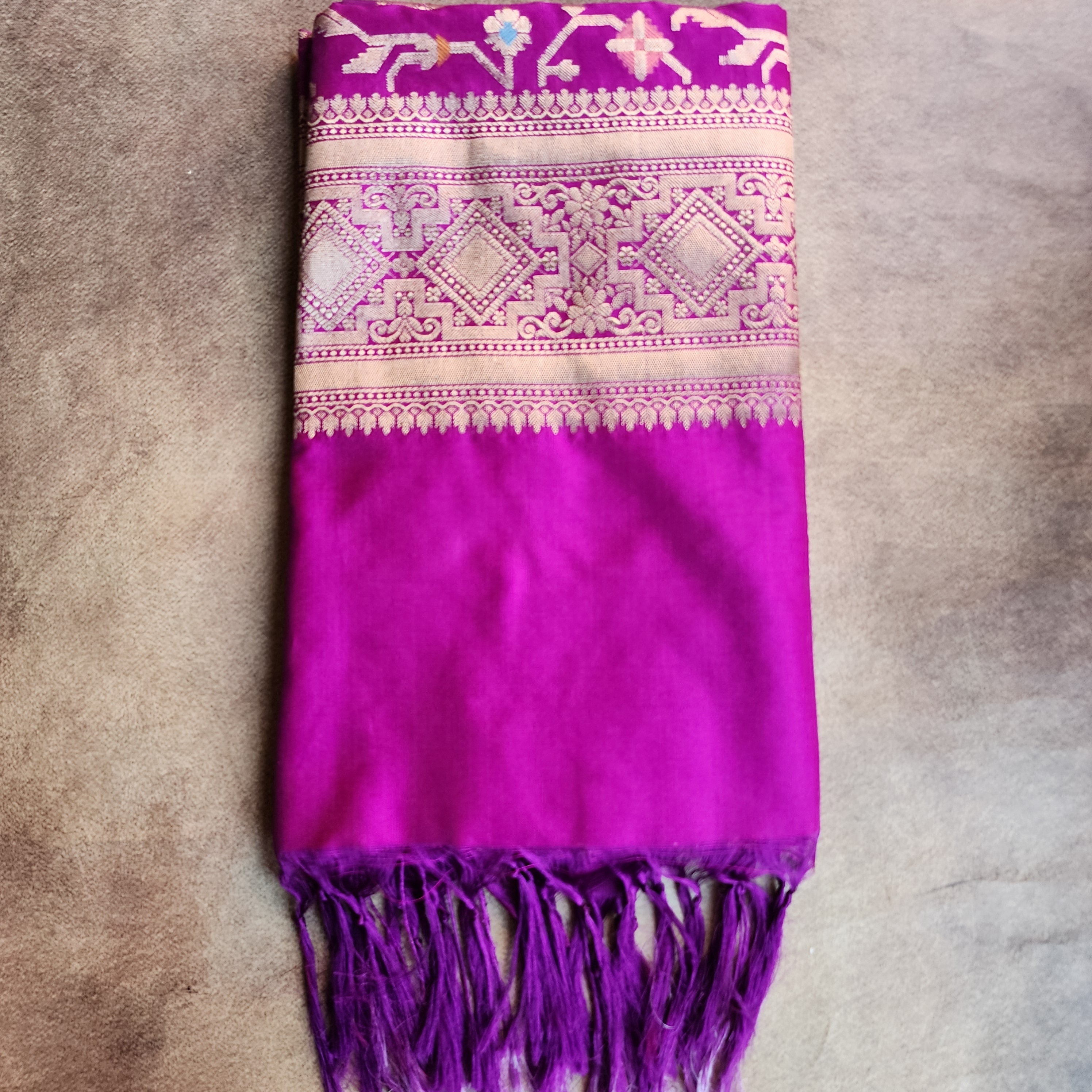 Golden Grid Banarasi Silk Dupatta with Meenakari Work in Wine