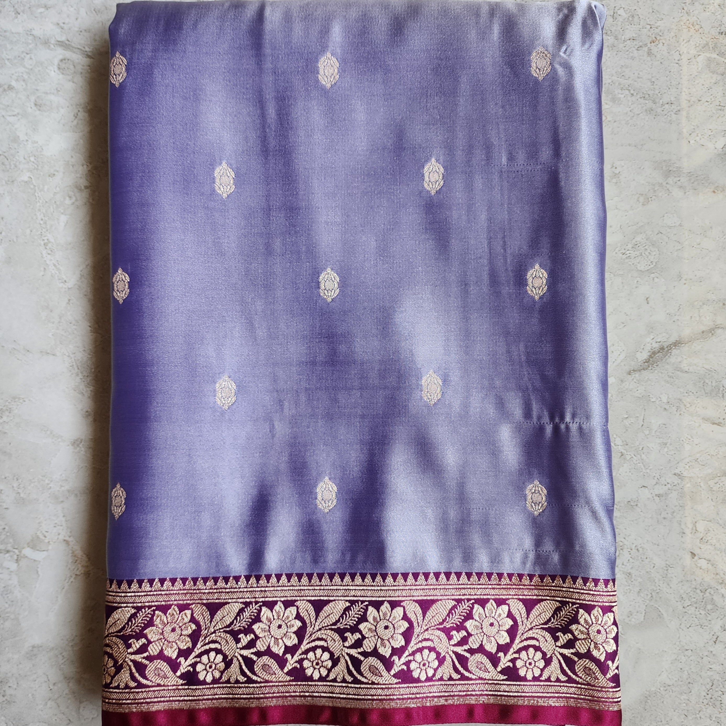 Periwinkle Katan Silk Saree with Magenta and Gold Zari Border