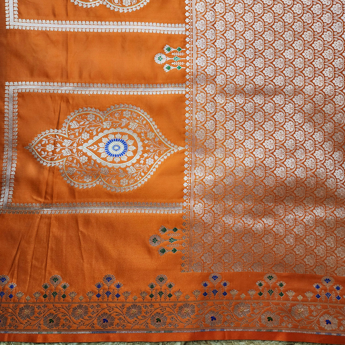 Orange Banarasi Katan Silk Saree with Multicolor Meenakari