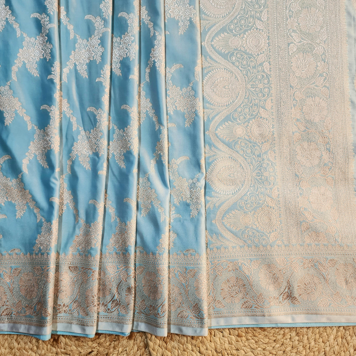 Powder Blue Banarasi Katan Silk Saree with Floral Vine Jaal
