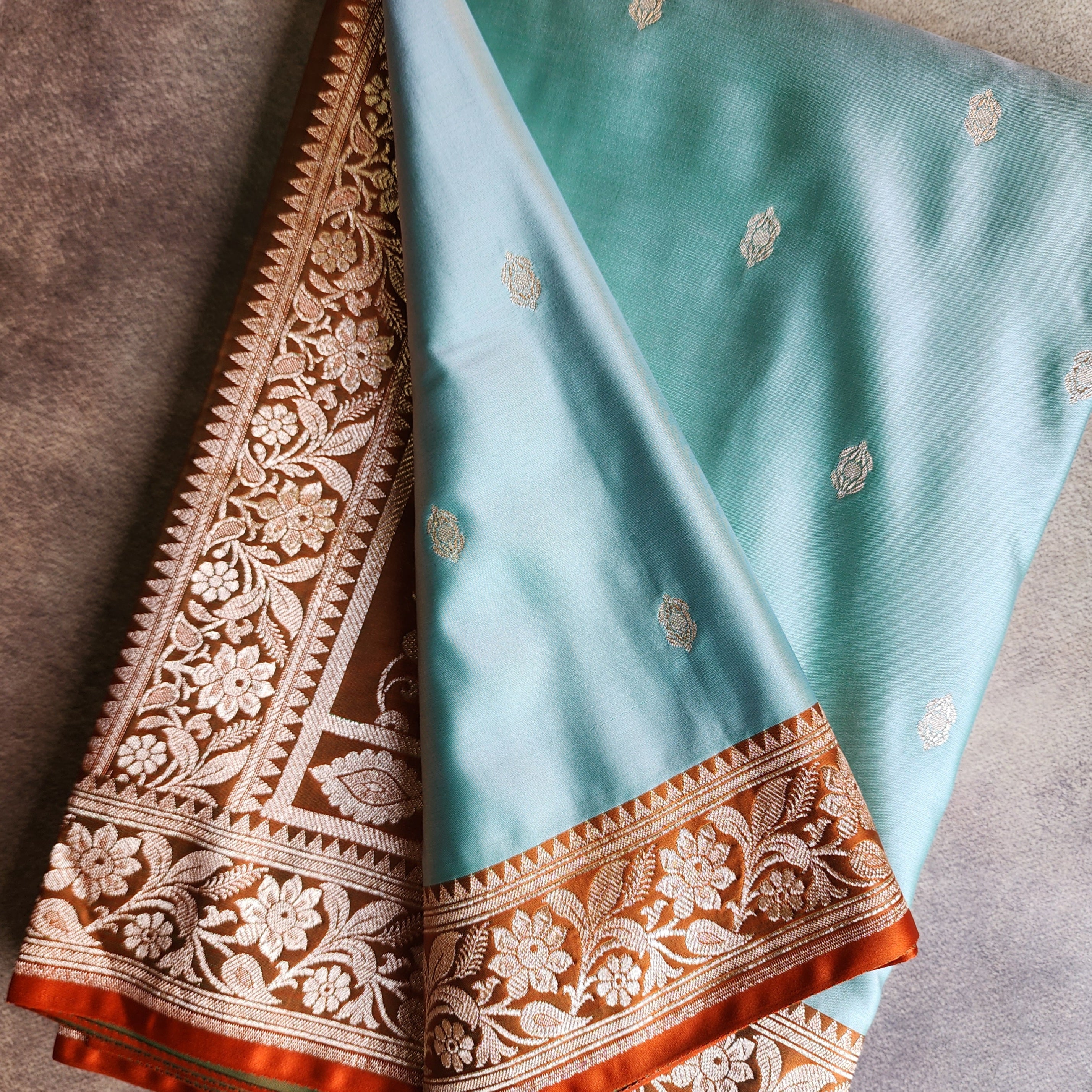 Aqua Katan Silk Saree with Rust and Gold Zari Border
