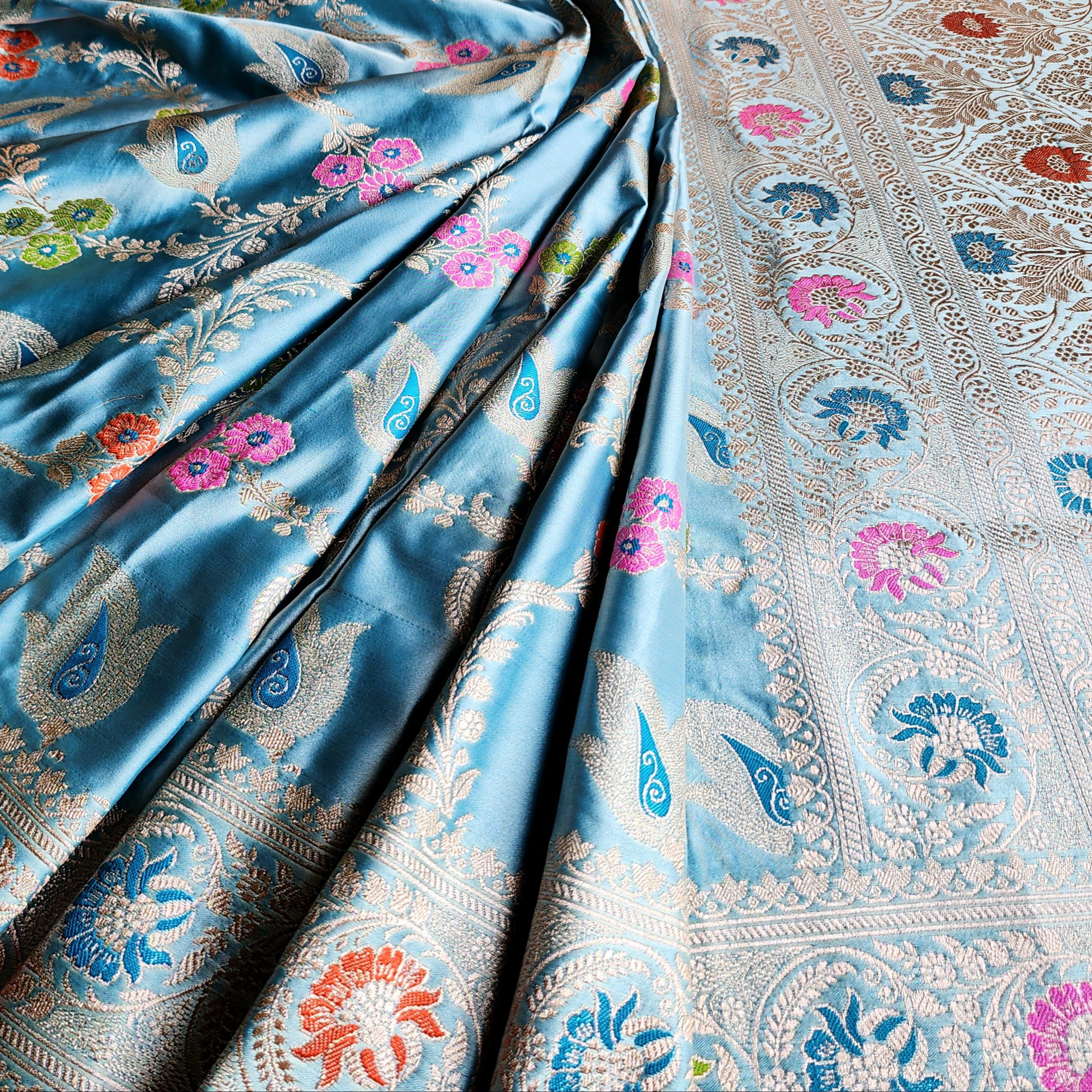 Enriched Powder Blue Banarasi Katan Silk Saree with Multicolor Meenakari Floral Jaal