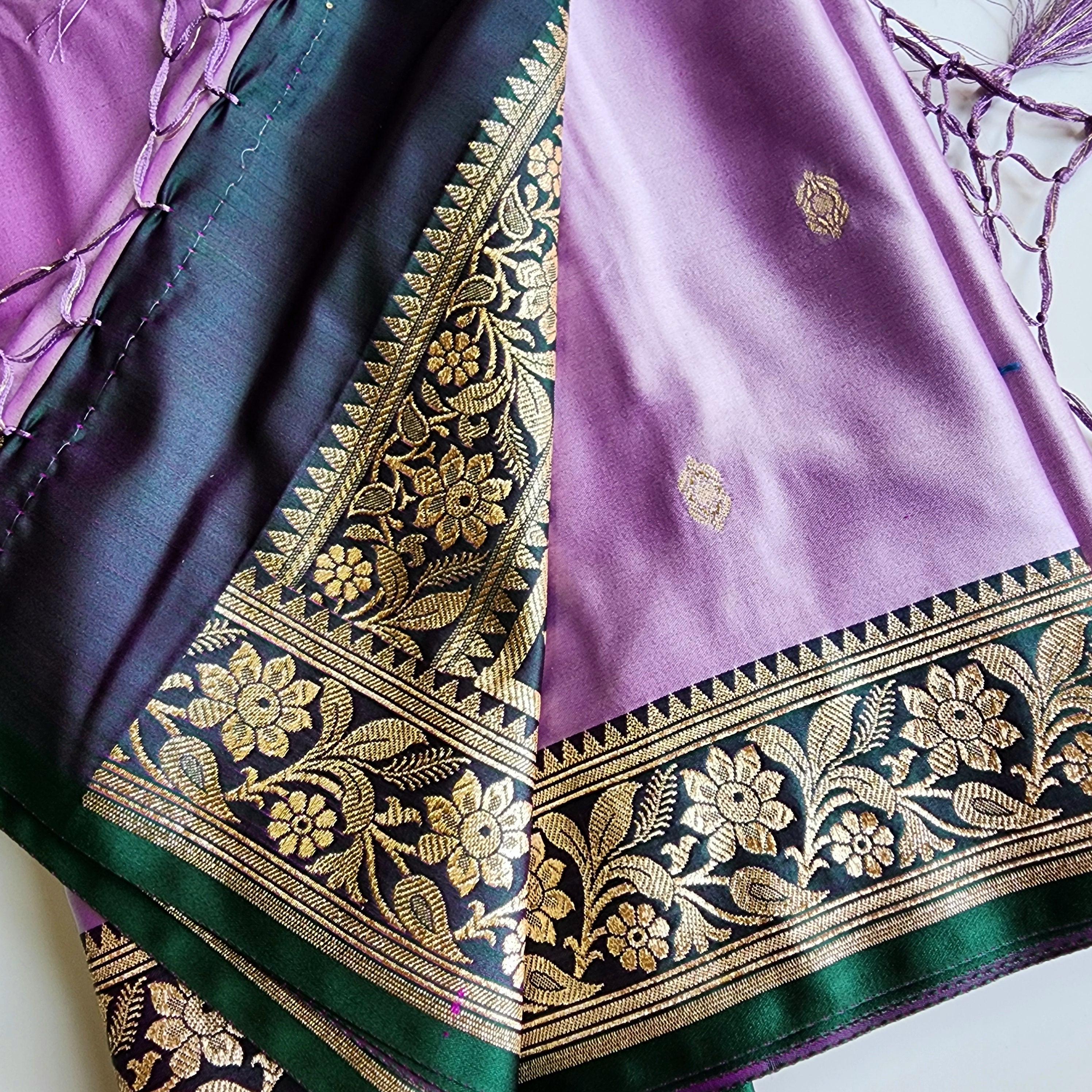 Lavender Katan Silk Saree with Emerald Green and Gold Zari Border