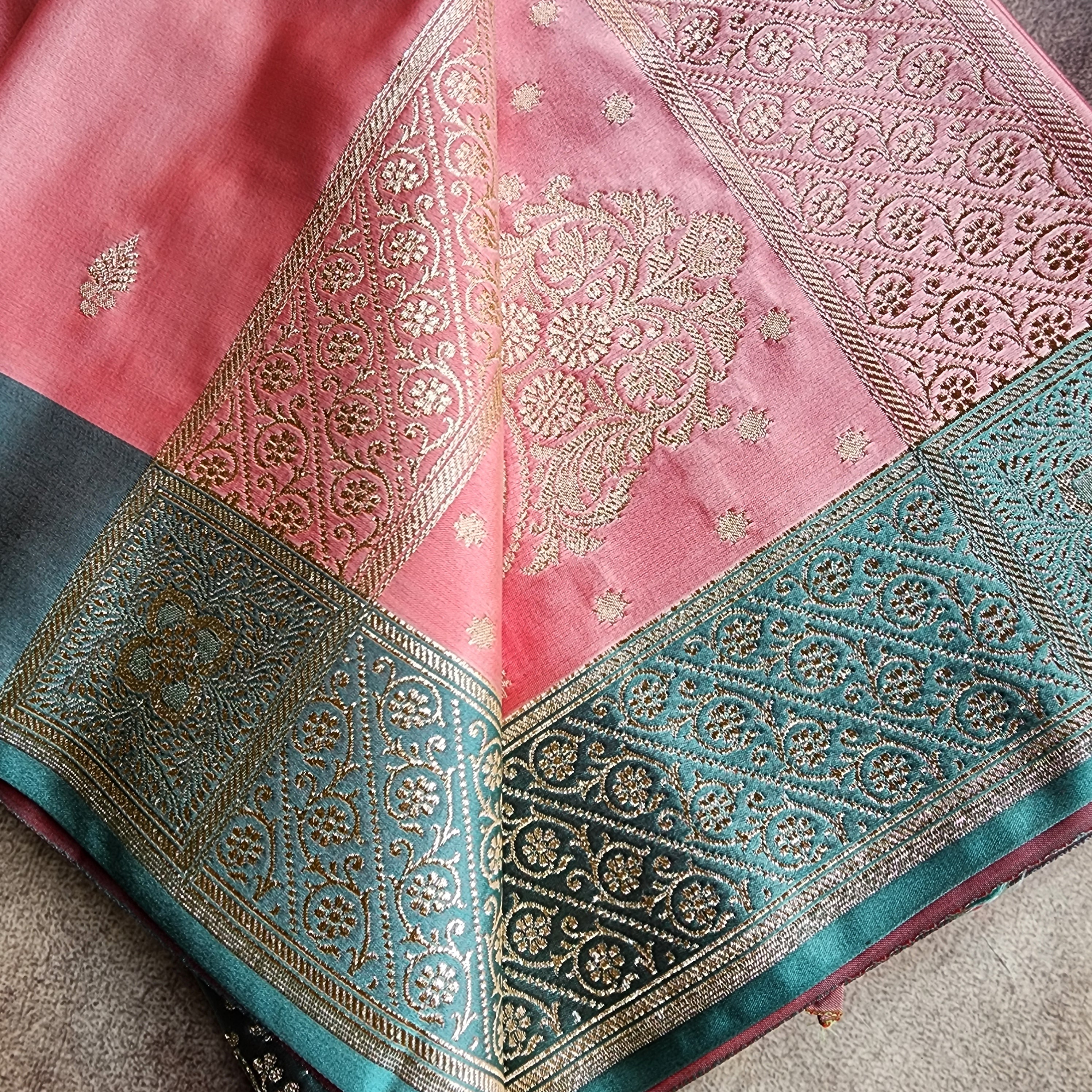 Rose Pink Katan Silk Saree with Teal Blue Gold Zari Border