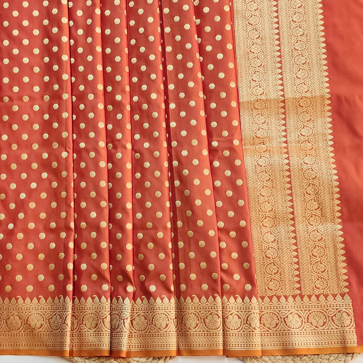 Peach Orange Banarasi Silk Dupatta with Gold Polka Dot