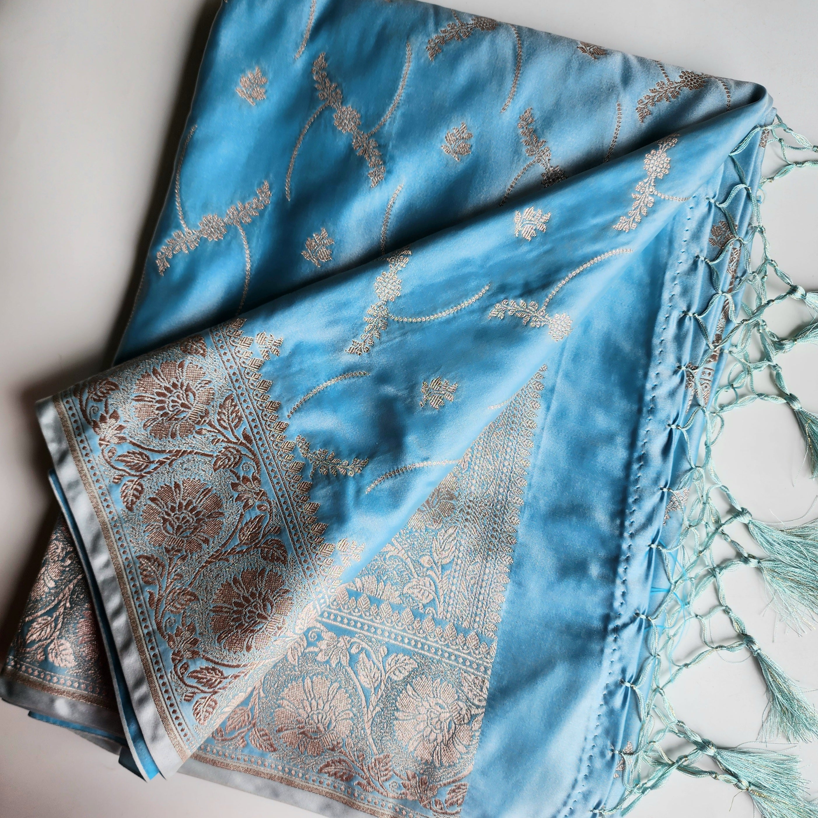 Pastel Blue Banarasi Katan Silk Saree with Light Gold Zari weaving