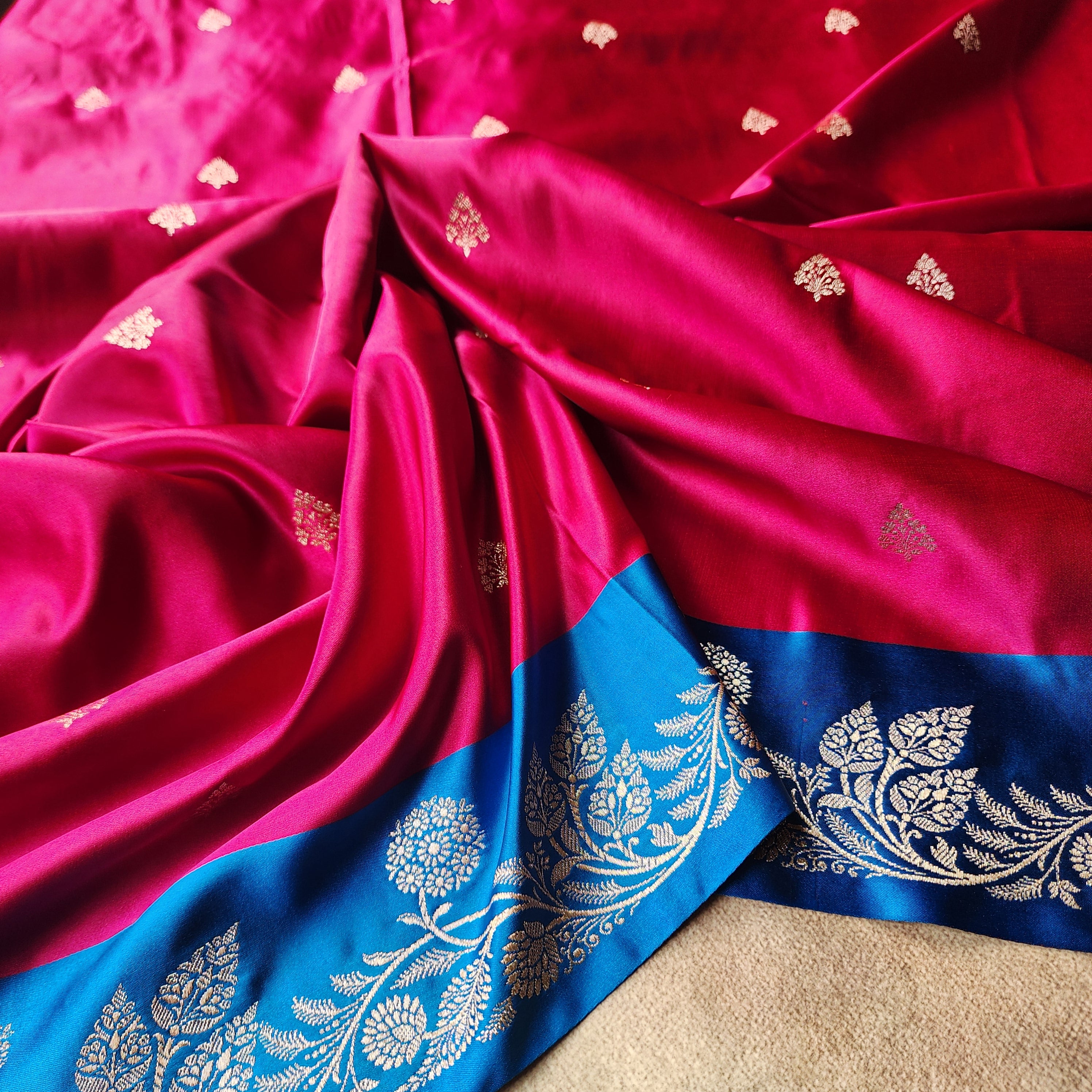 Rani Red Pure Banarasi Katan Silk Saree with Cobalt Blue Border