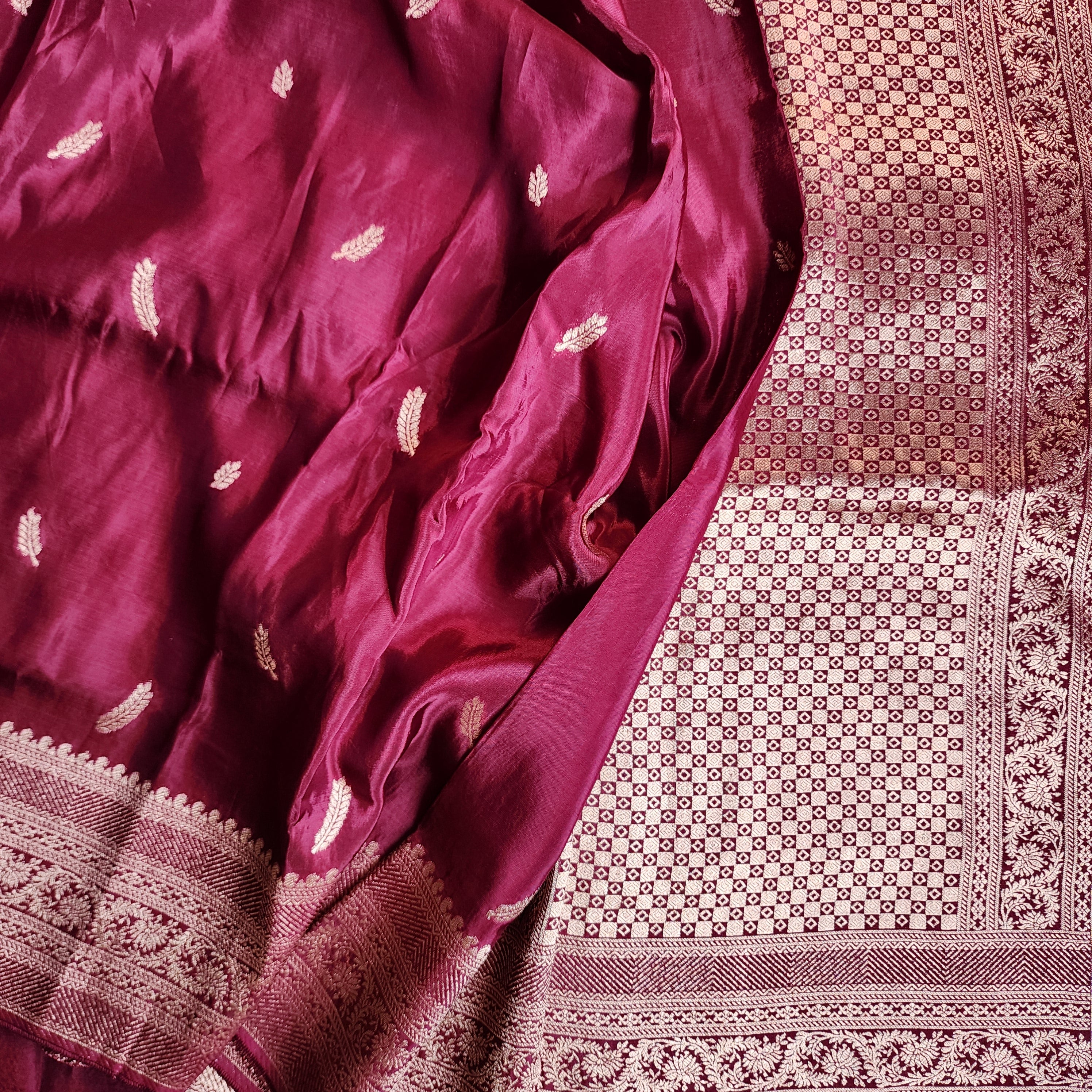 Wine Pure Crepe Silk Saree with Silver Zari Border