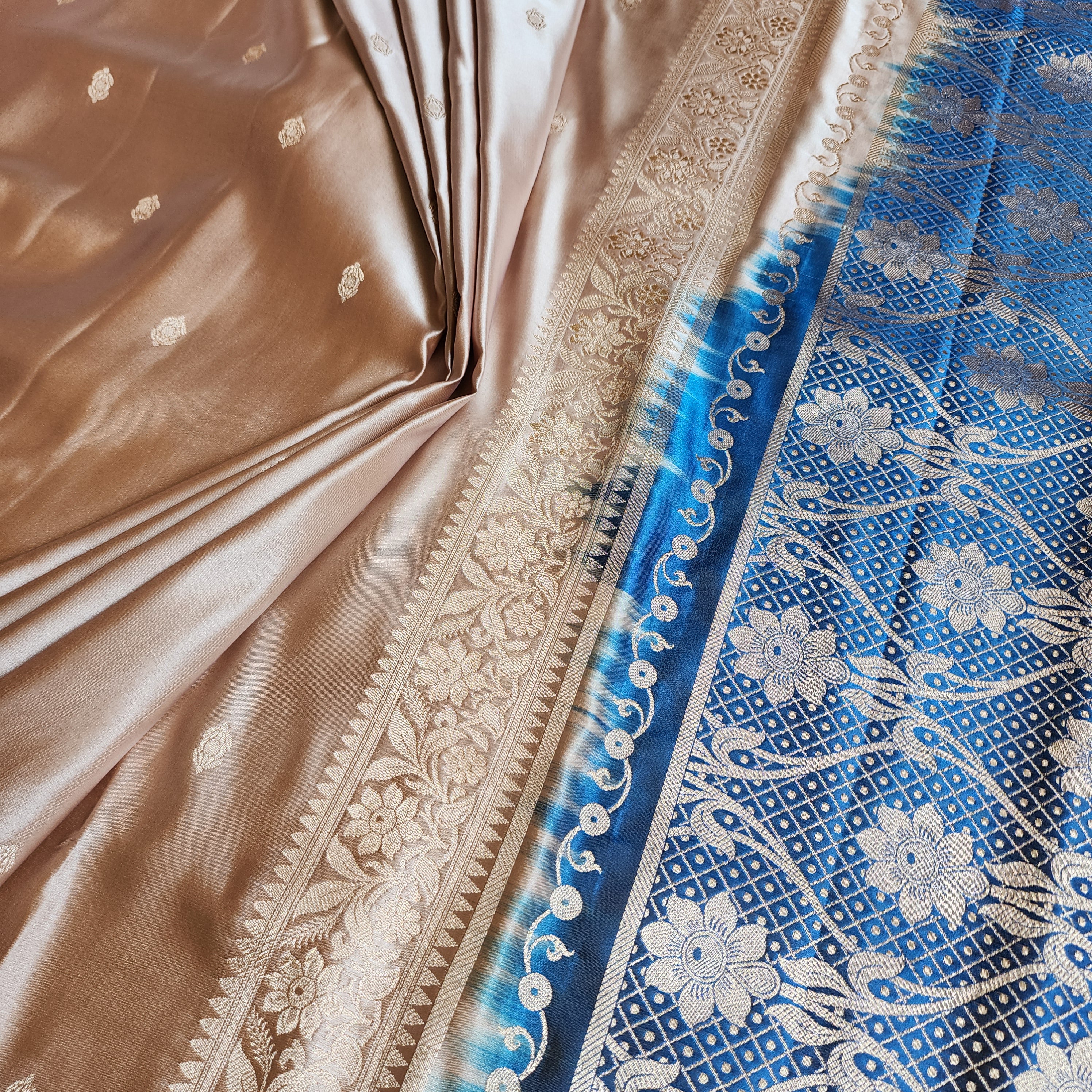 Champagne Beige Katan Silk Saree with Royal Blue and Gold Zari Border