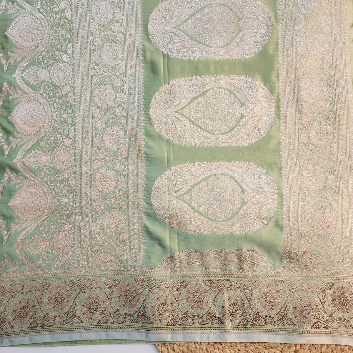 Olive Green Banarasi Katan Silk Saree with Floral Vine Jaal