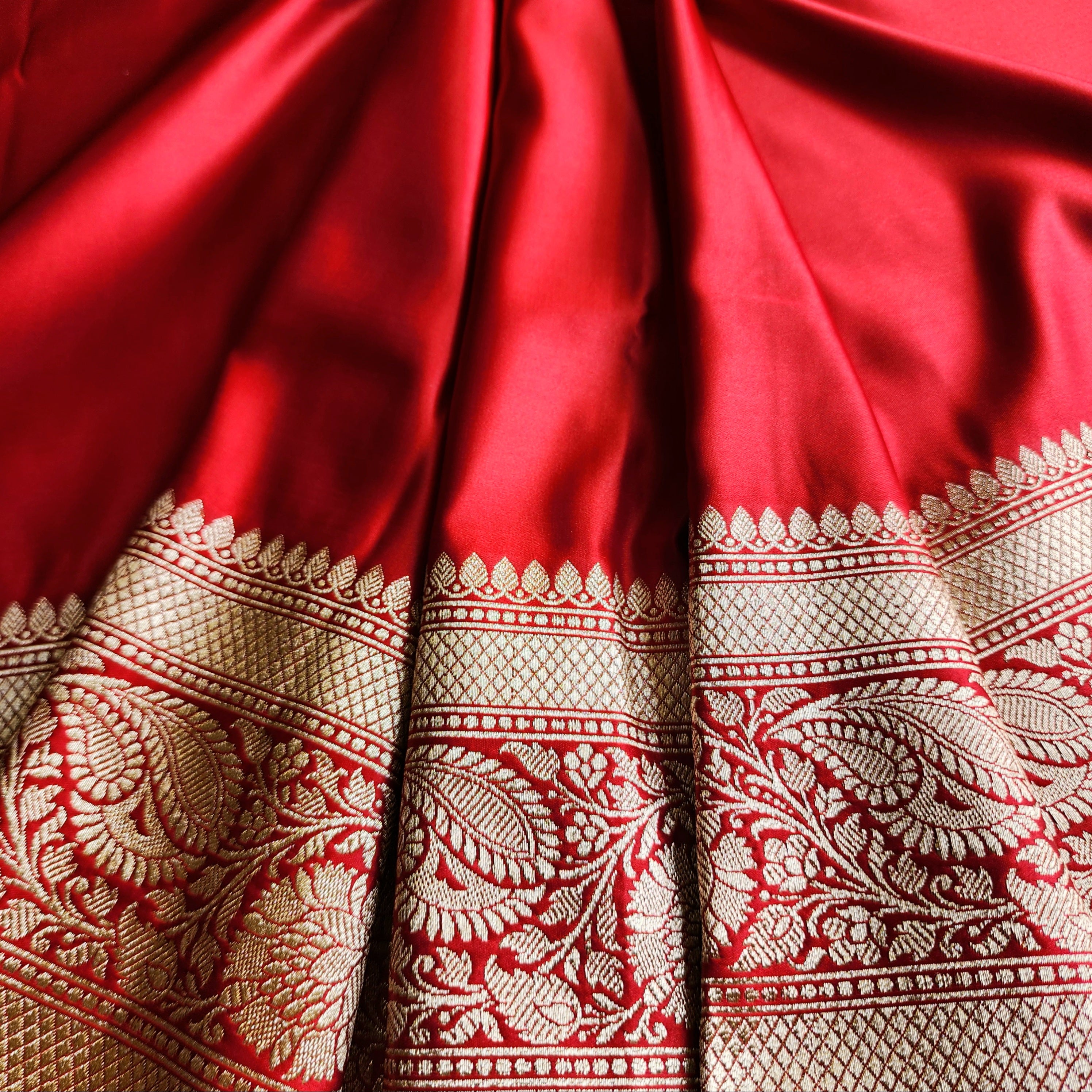 Rich Ruby Red Pure Banarasi Katan Silk Saree with light Gold Zari Weaving