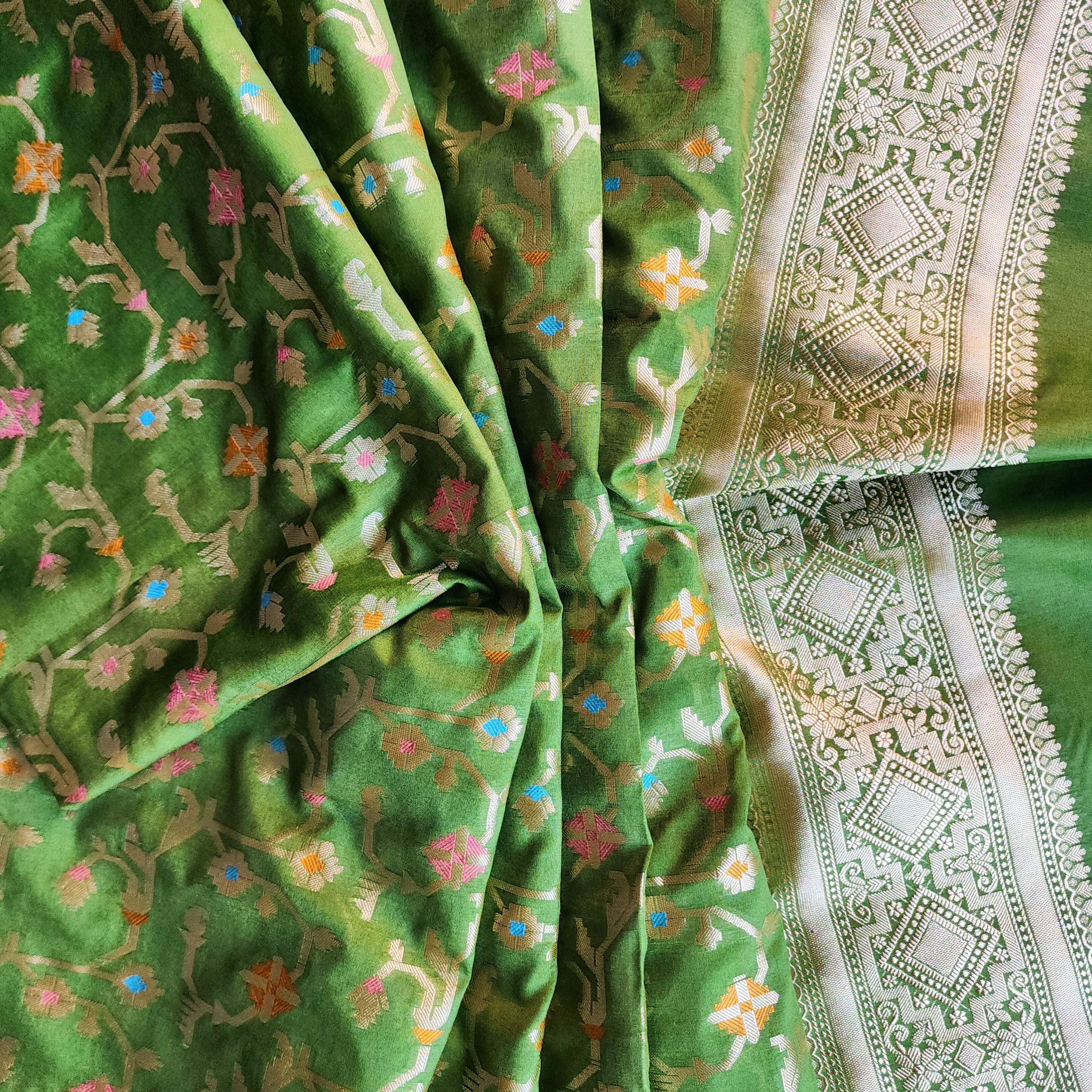 Golden Grid Banarasi Silk Dupatta with Meenakari Work in Mehendi Green