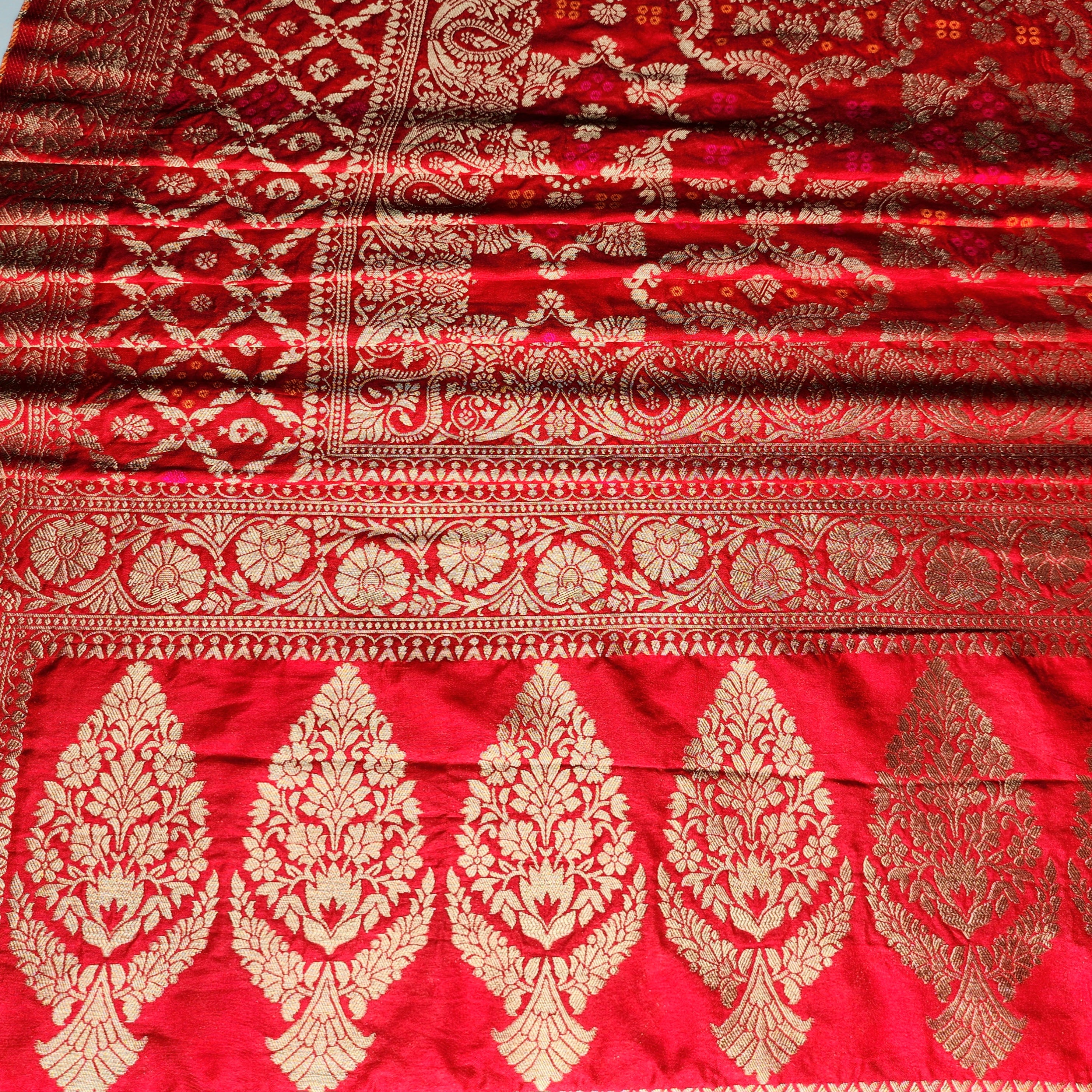 Deep Ruby Red Bandhani Dupatta with Floral and Geometric Zari Weave