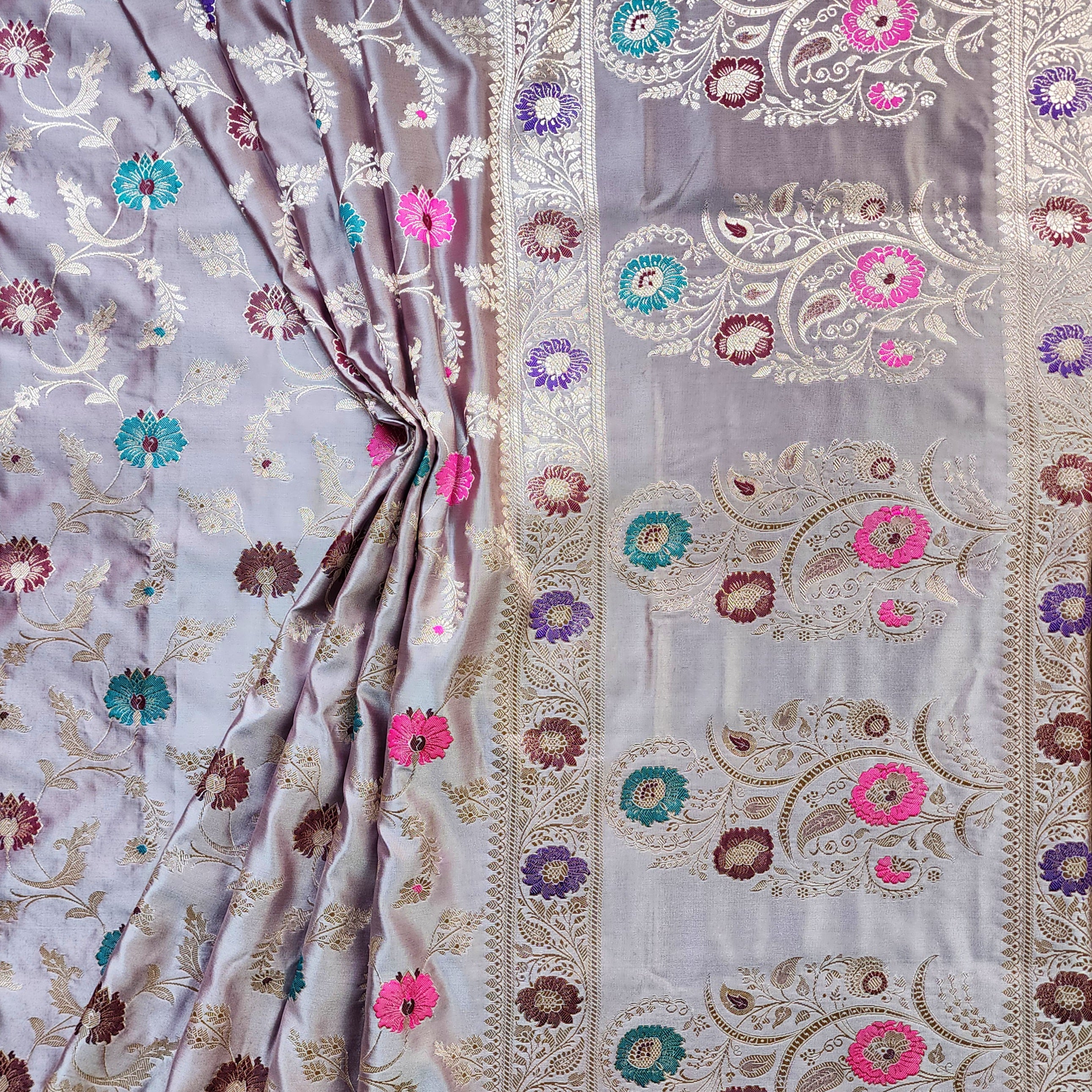Enriched Banarasi Katan Silk Saree | Lavender Mist Multicolor Meenakari Floral Jaal