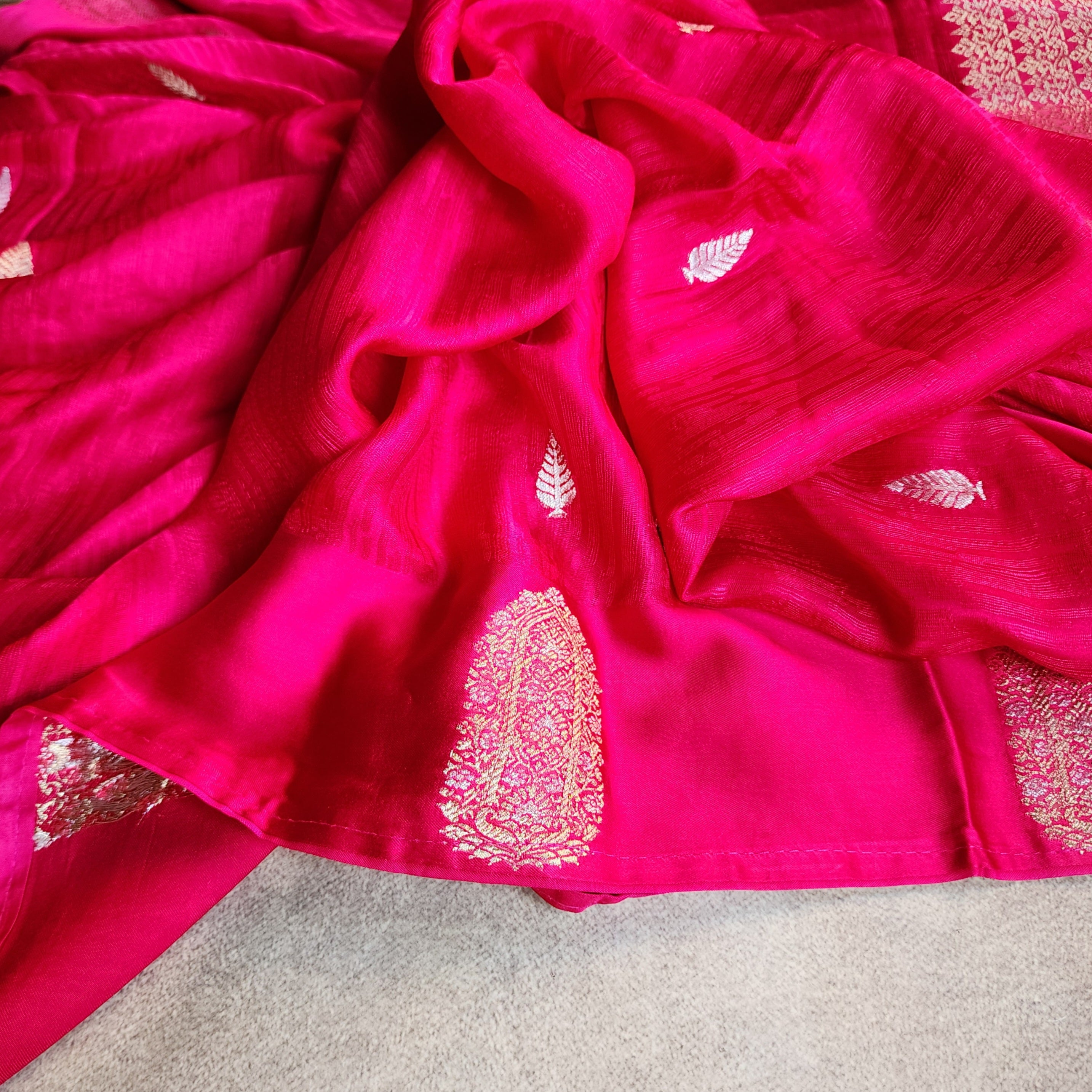 Bright Rani Pink Mashru Tanchoi Saree with Gold Zari