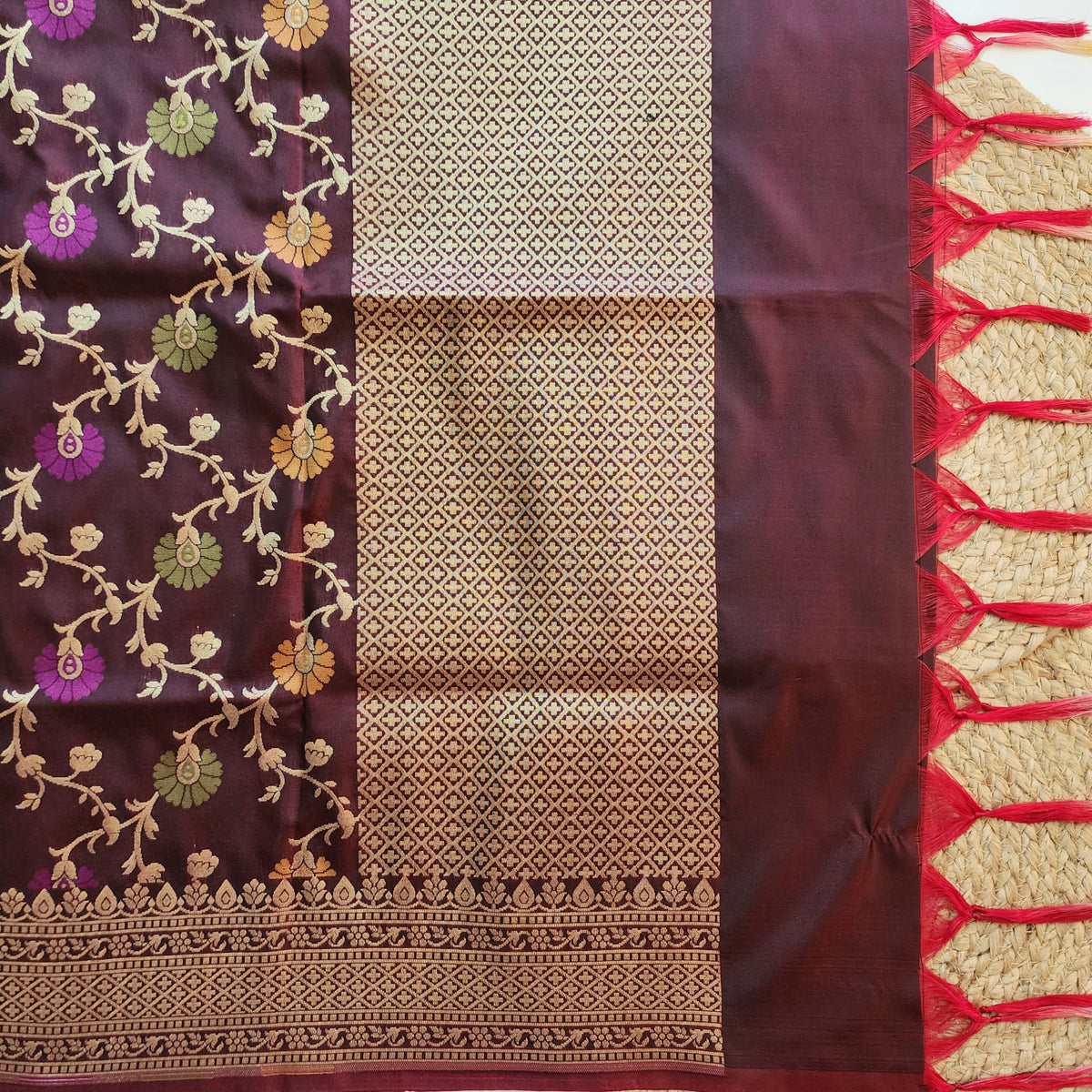 Banarasi Silk Floral Jaal Dupatta - Deep Burgundy