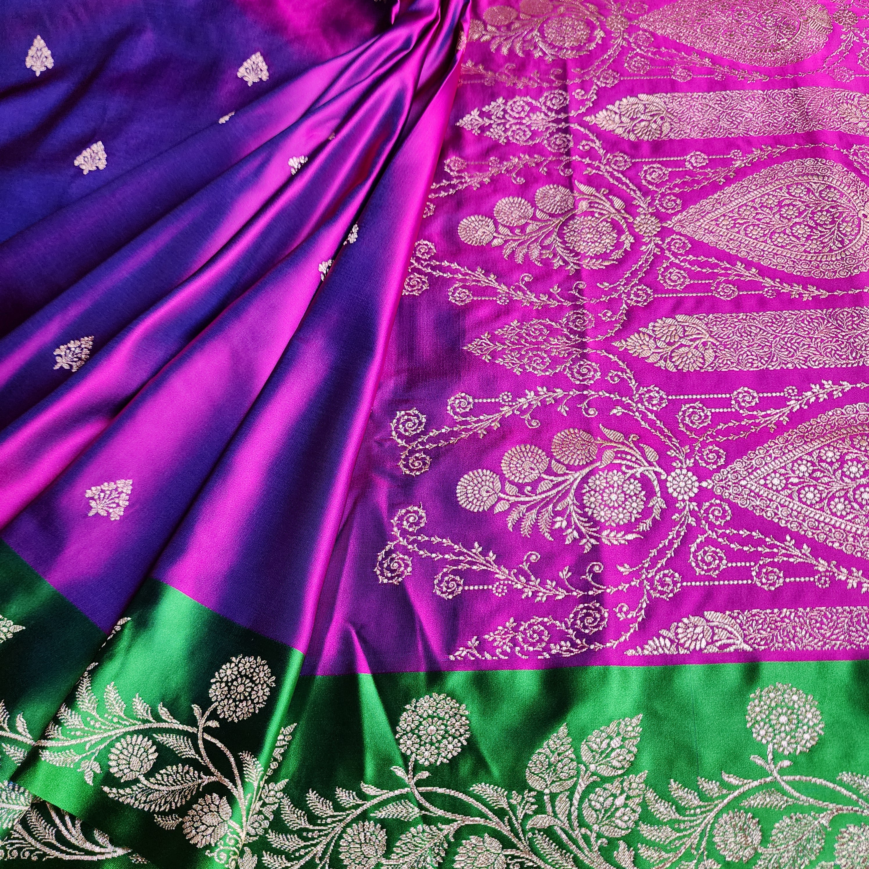 Royal Purple Pure Banarasi Katan Silk Saree with Leaf Green Border