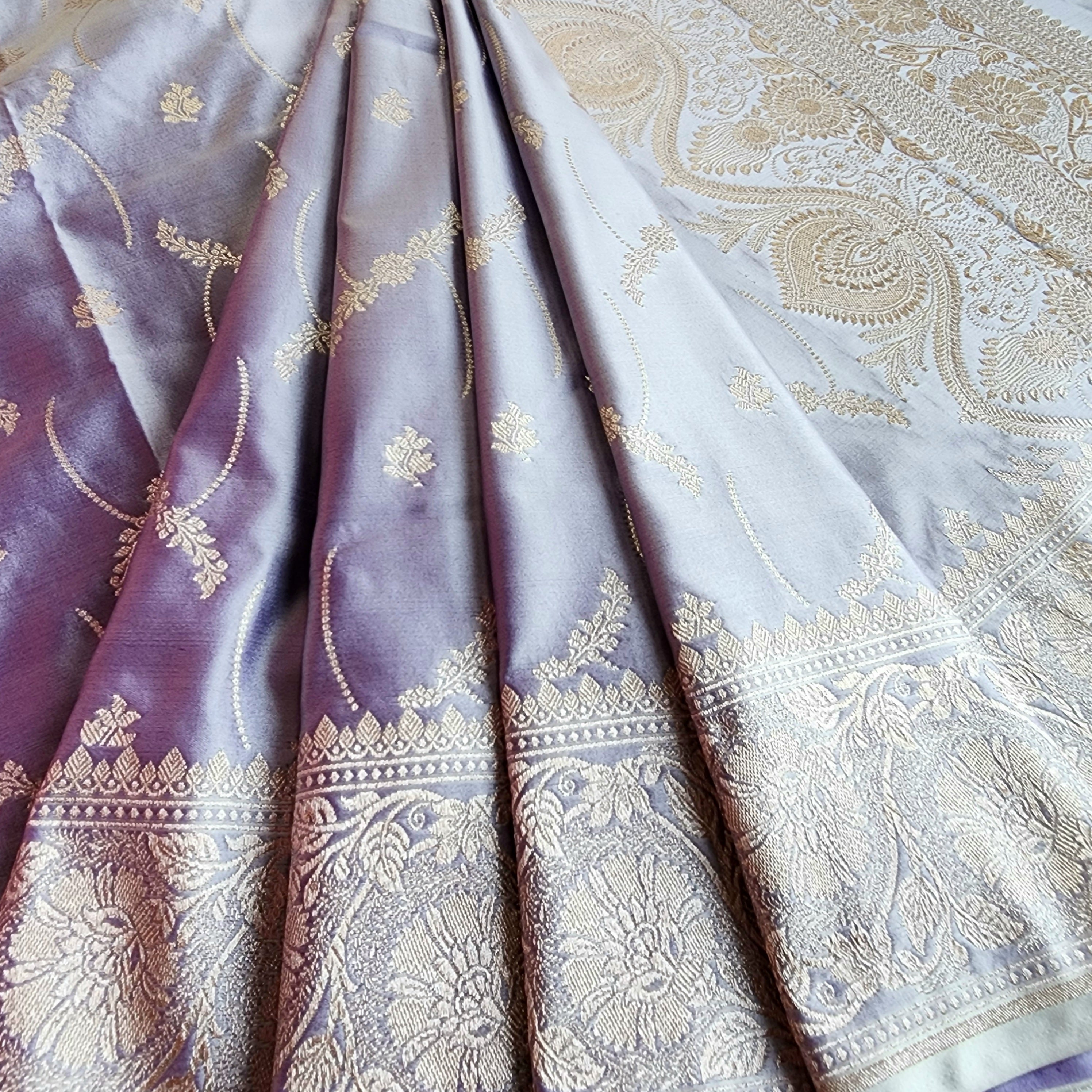 Pastel Lilac Banarasi Katan Silk Saree with Light Gold Zari weaving