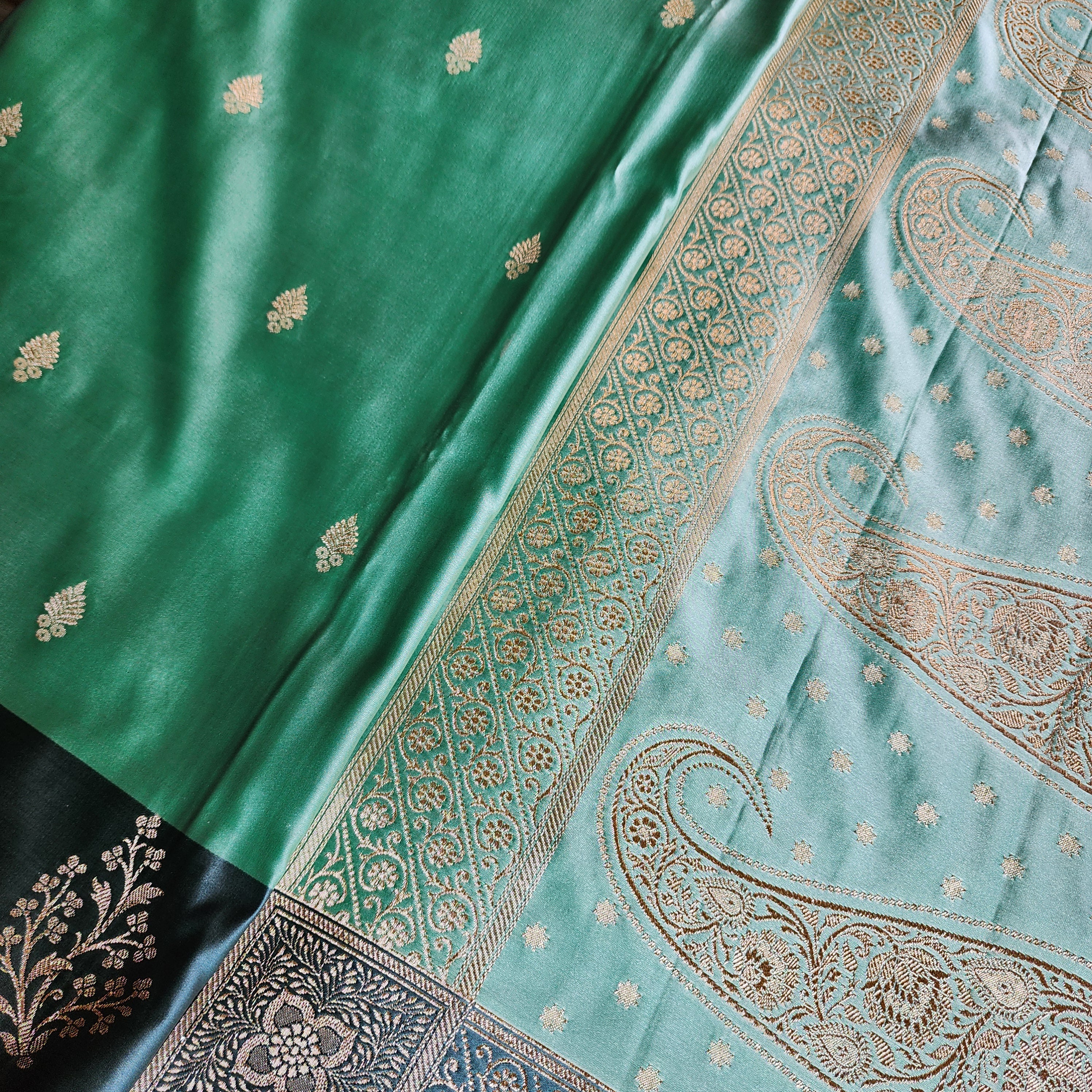 Sea Green Katan Silk Saree with Peacock Green Gold Zari Border
