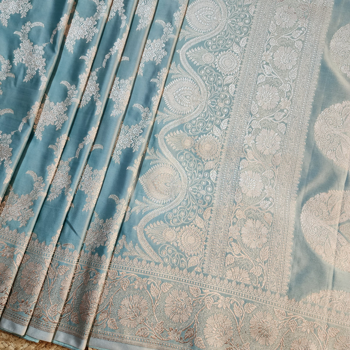 Dusty Blue Banarasi Katan Silk Saree with Floral Vine Jaal