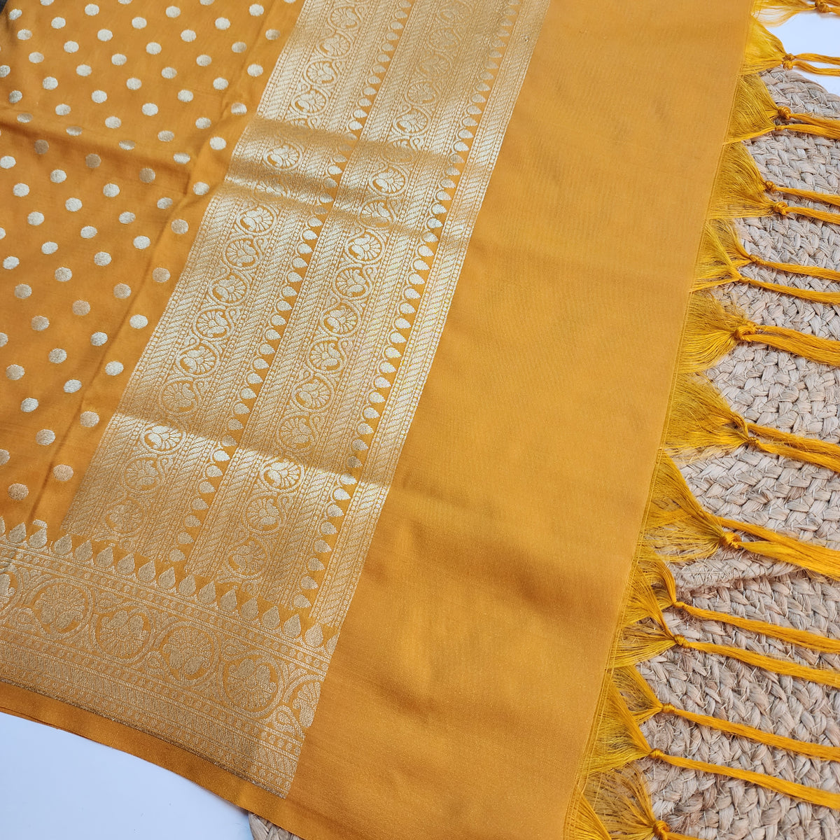 Mustard Yellow Banarasi Silk Dupatta with Gold Polka Dot