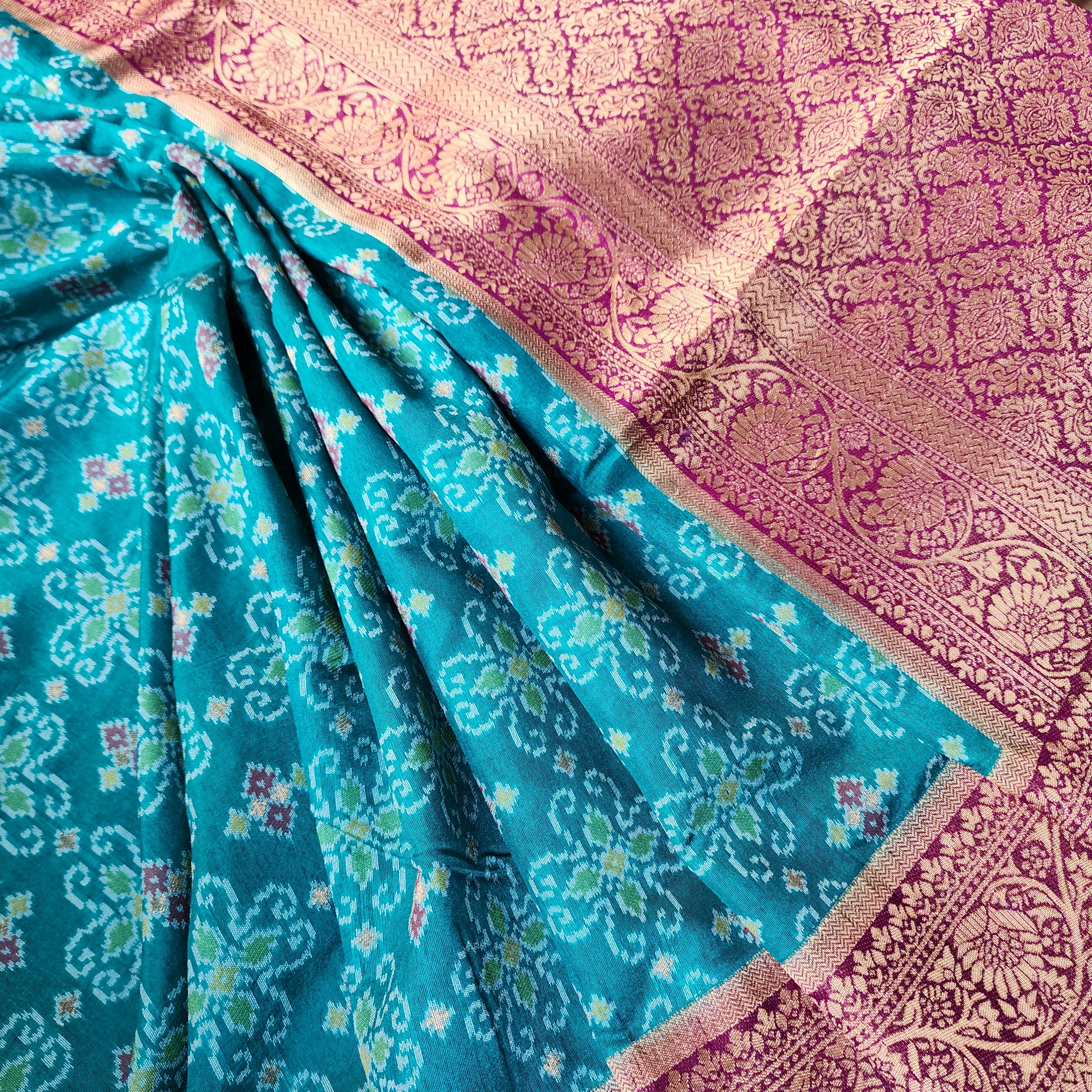 Turquoise Dupion Patola with Maroon-Gold Border & Heavy Gold Zari