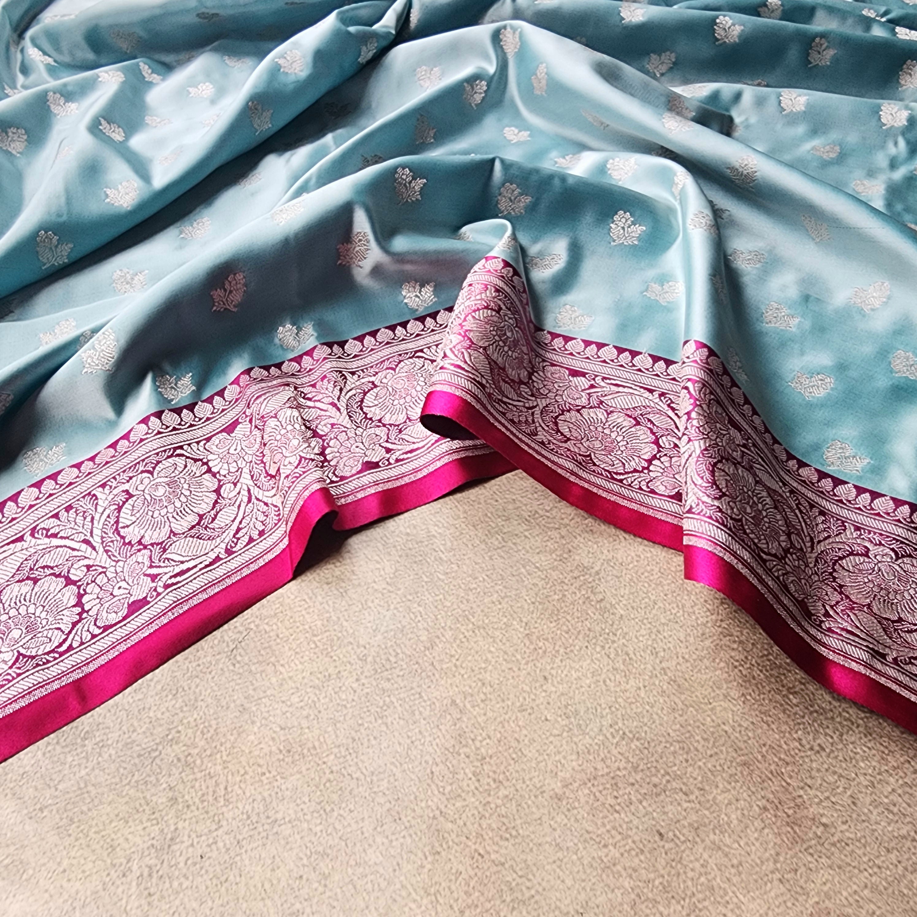 Pastel Aqua Blue Pure Banarasi Katan Silk Saree with light Gold Zari Weaving