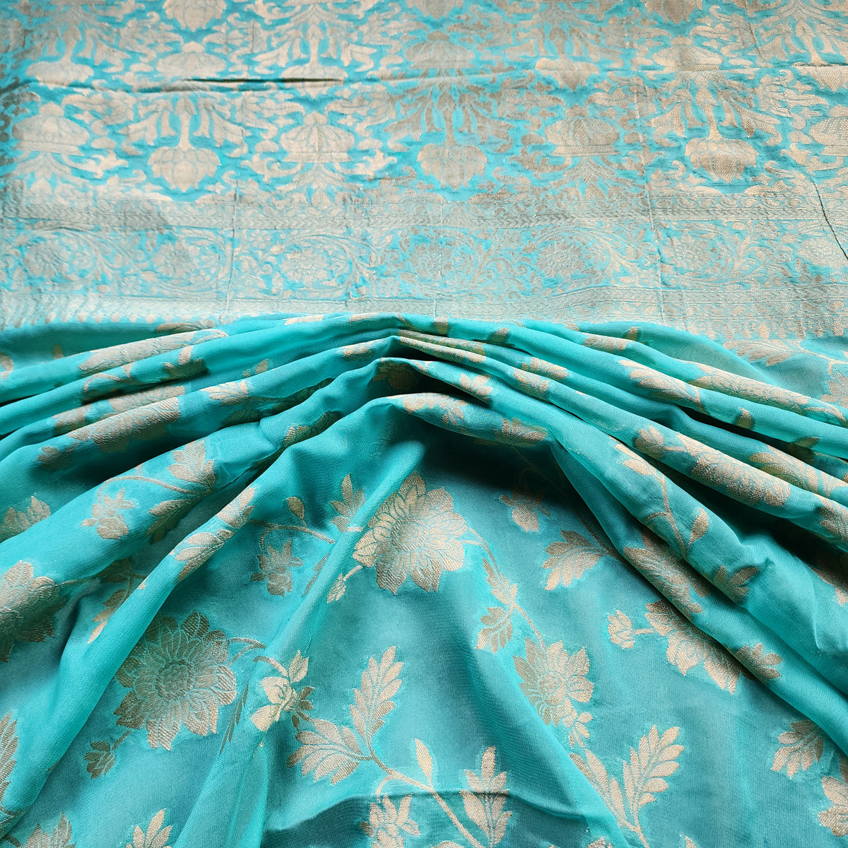 Khaddi Georgette Pure Banarasi Saree in Turquoise
