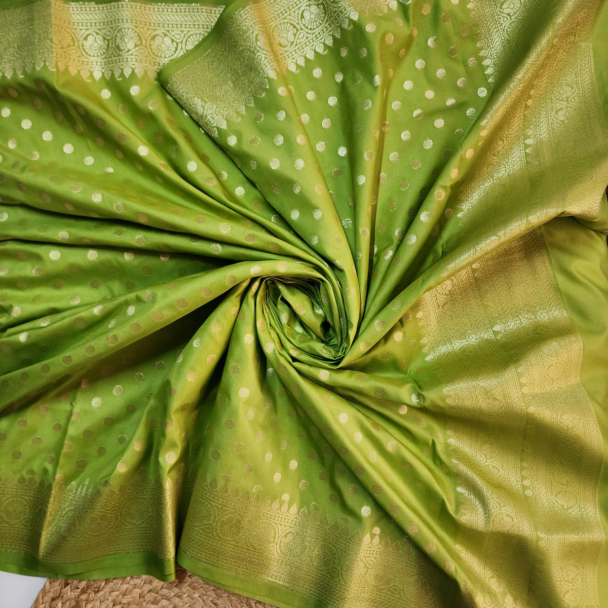 Lime Green Banarasi Silk Dupatta with Gold Polka Dot