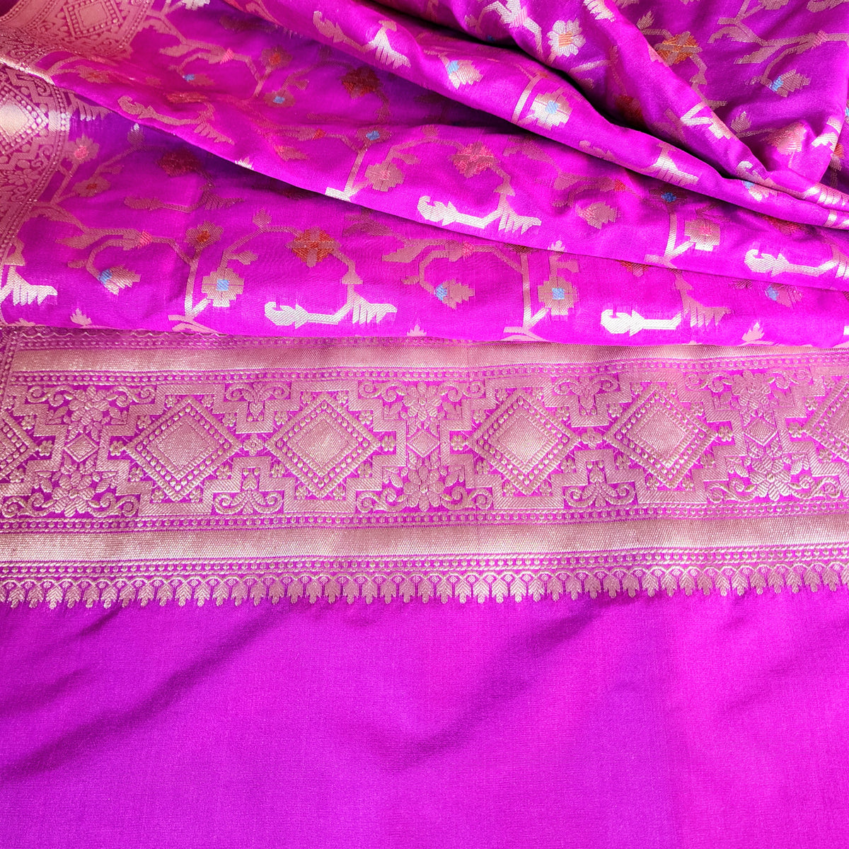 Golden Grid Banarasi Silk Dupatta with Meenakari Work in Wine