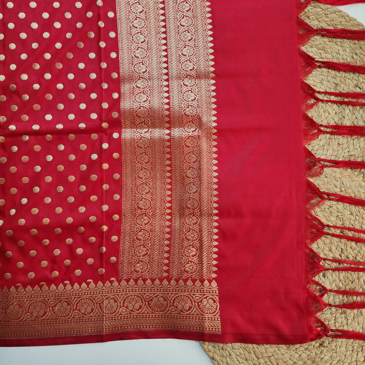 Classic Red Banarasi Silk Dupatta with Gold Polka Dot