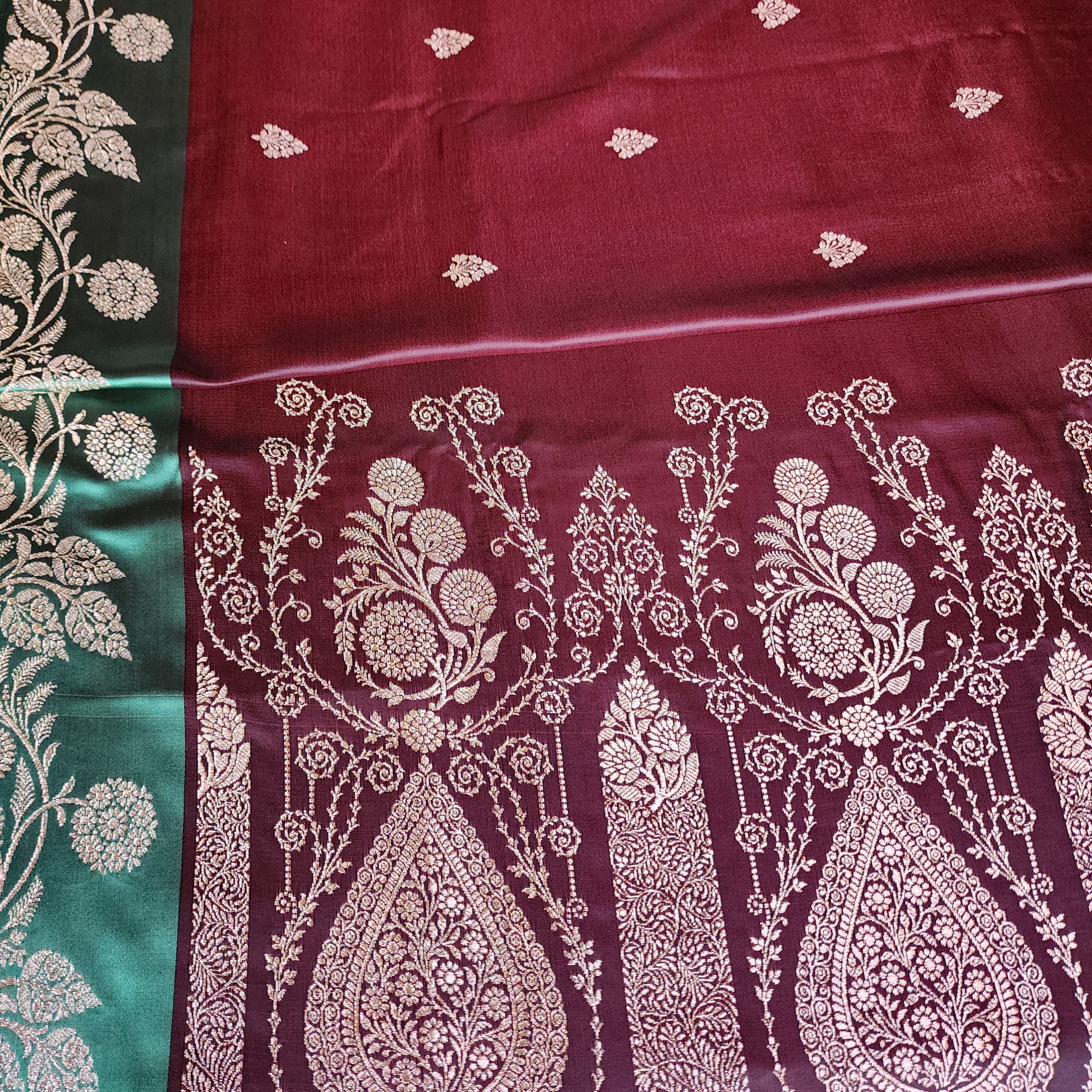 Chocolate Brown Pure Banarasi Katan Silk Saree with Sea Green Border