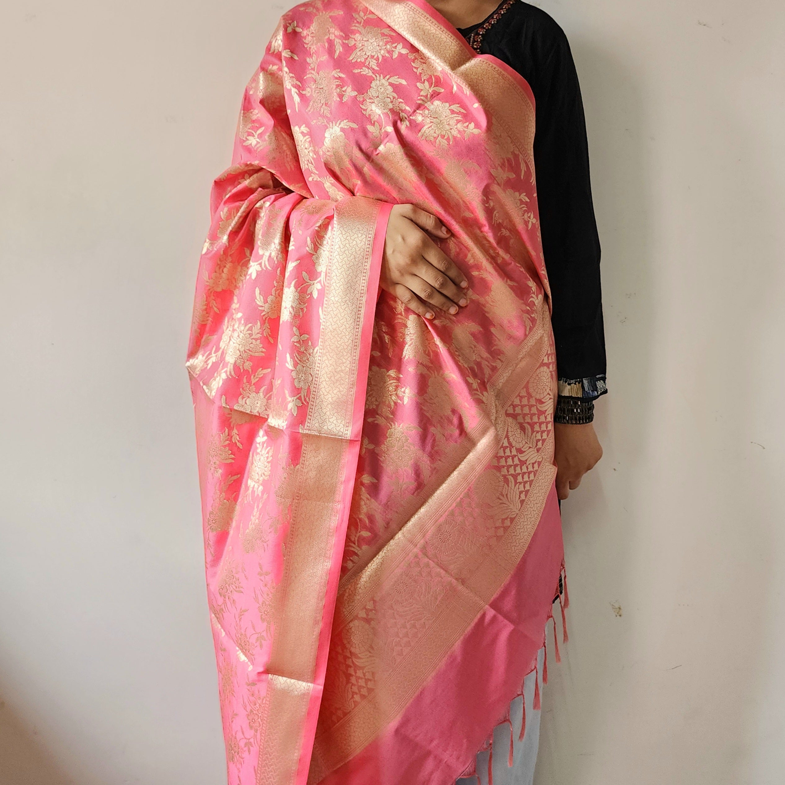 Cerise Pink Banarasi Dupatta - Floral Brocade Zari