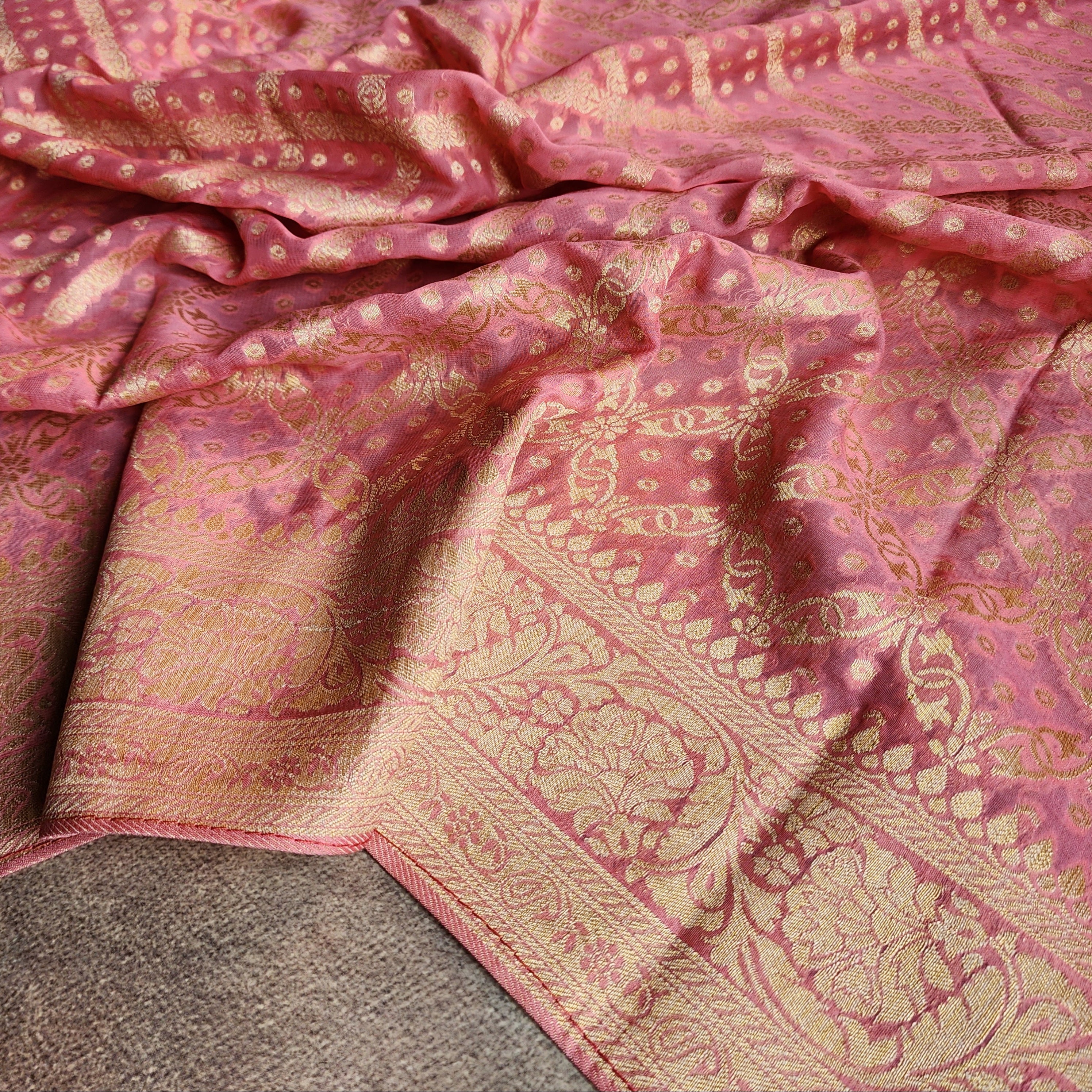 Flamingo Pink Pure Khaddi Georgette Banarasi Saree with Golden Zari