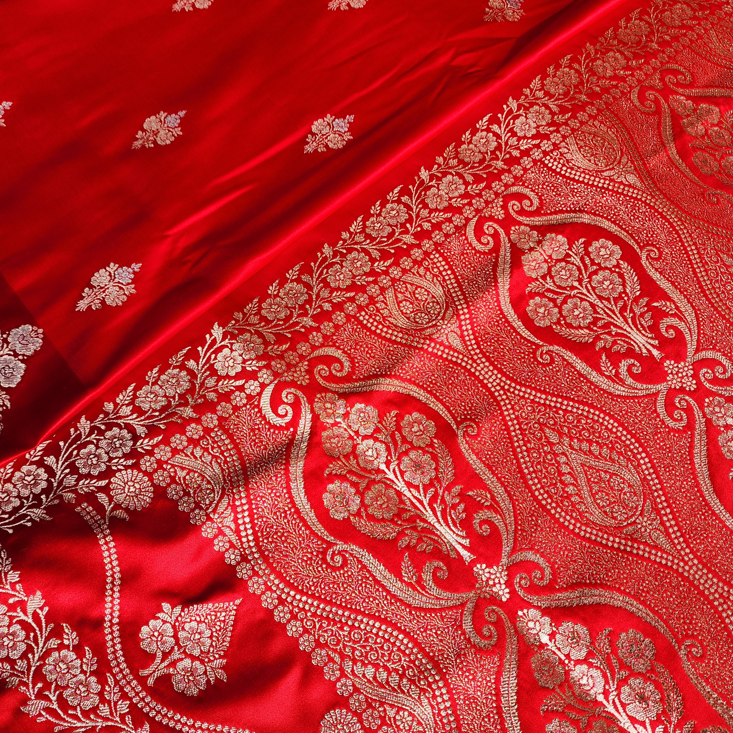 Dual-Tone Bright Red Pure Banarasi Katan Silk Saree
