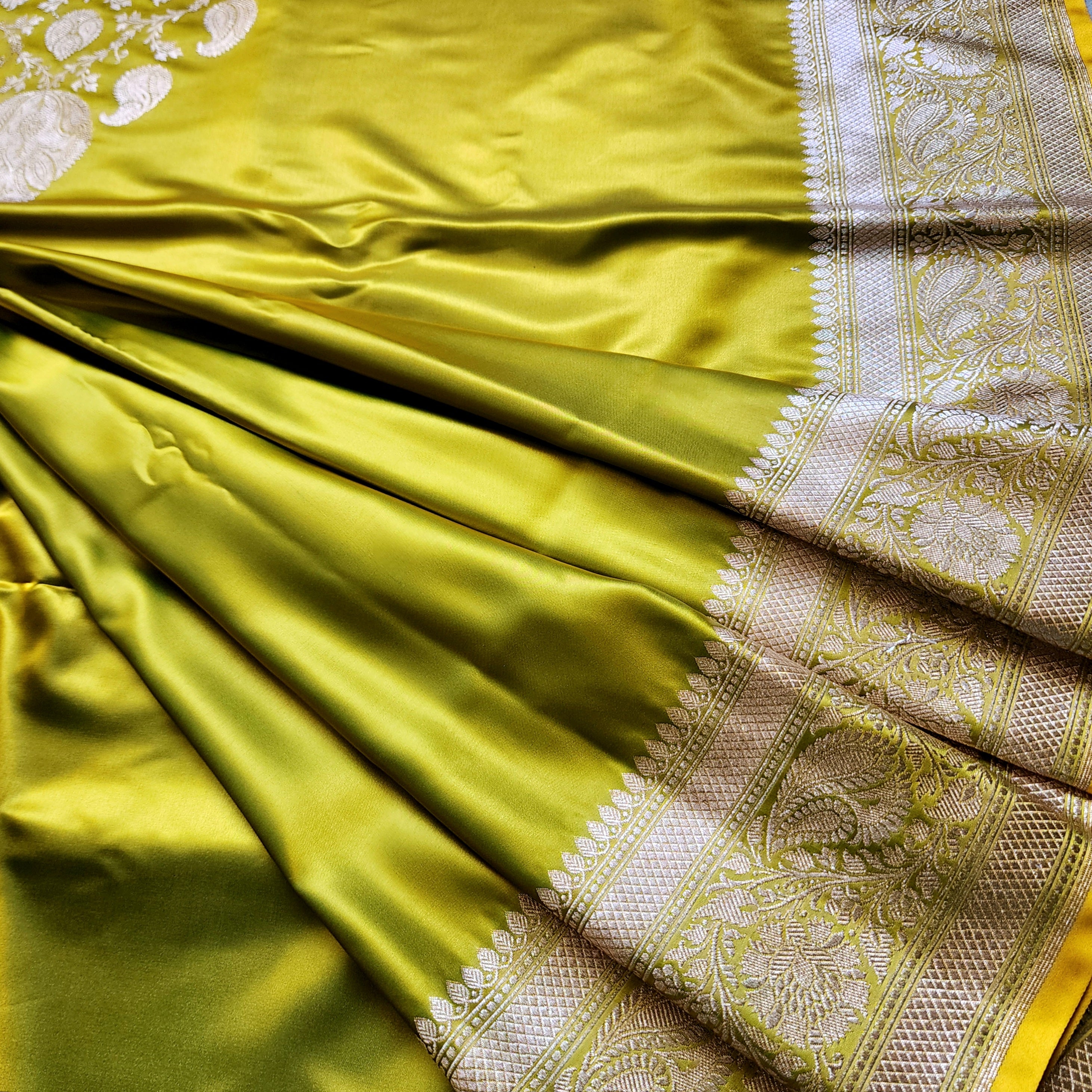 Olive Green Pure Banarasi Katan Silk Saree with light Gold Zari Weaving