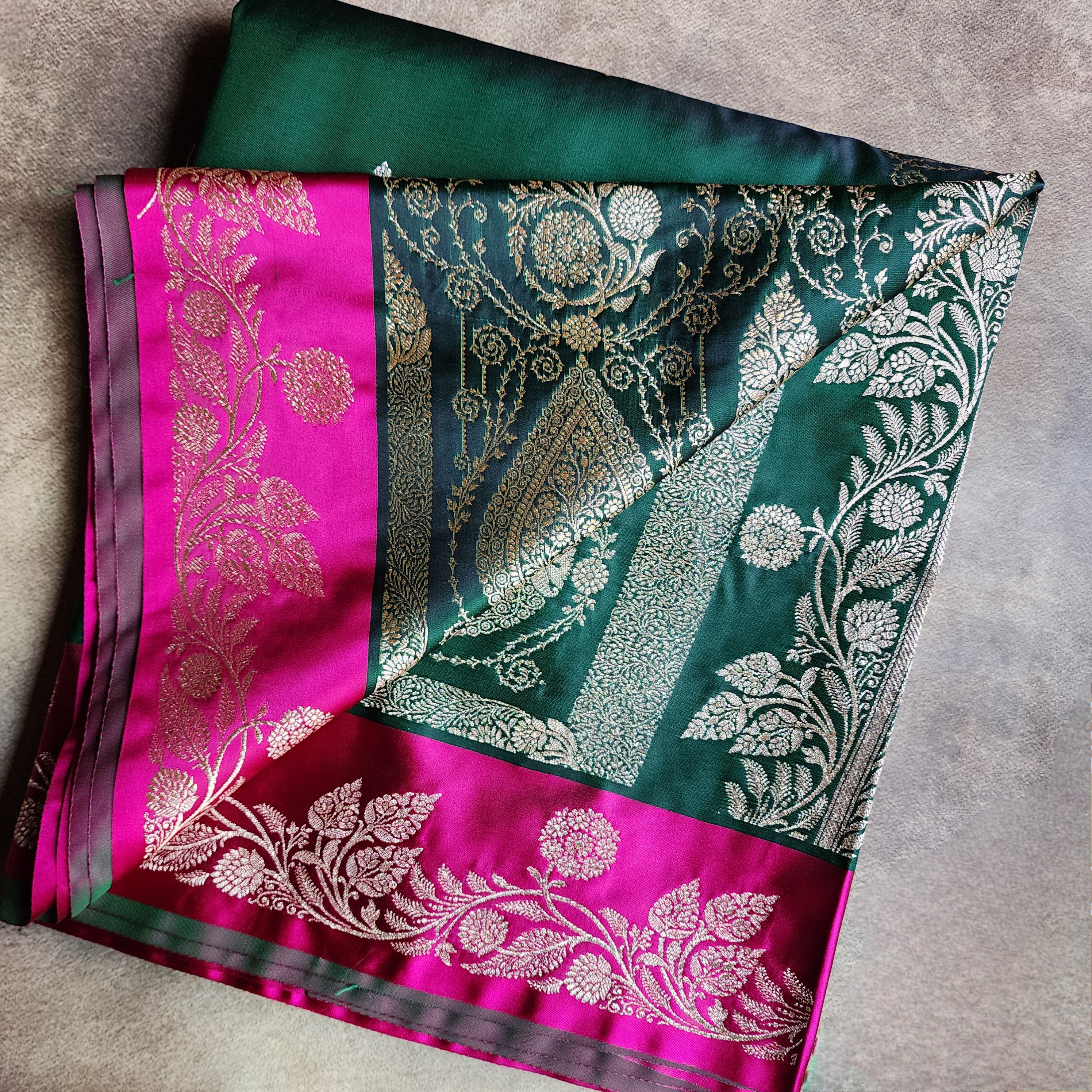 Emerald Green Pure Banarasi Katan Silk Saree with Bright Pink Border
