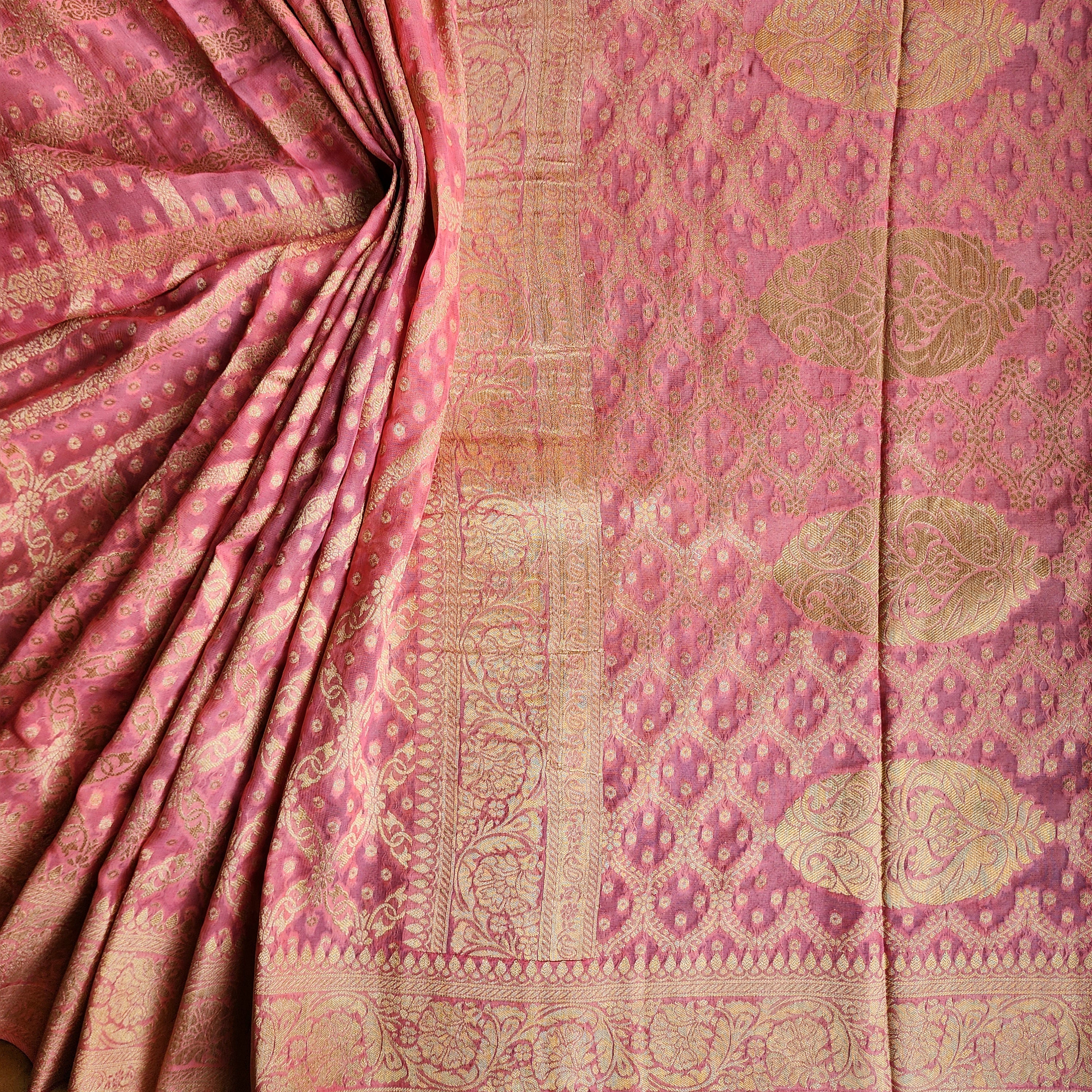 Flamingo Pink Pure Khaddi Georgette Banarasi Saree with Golden Zari