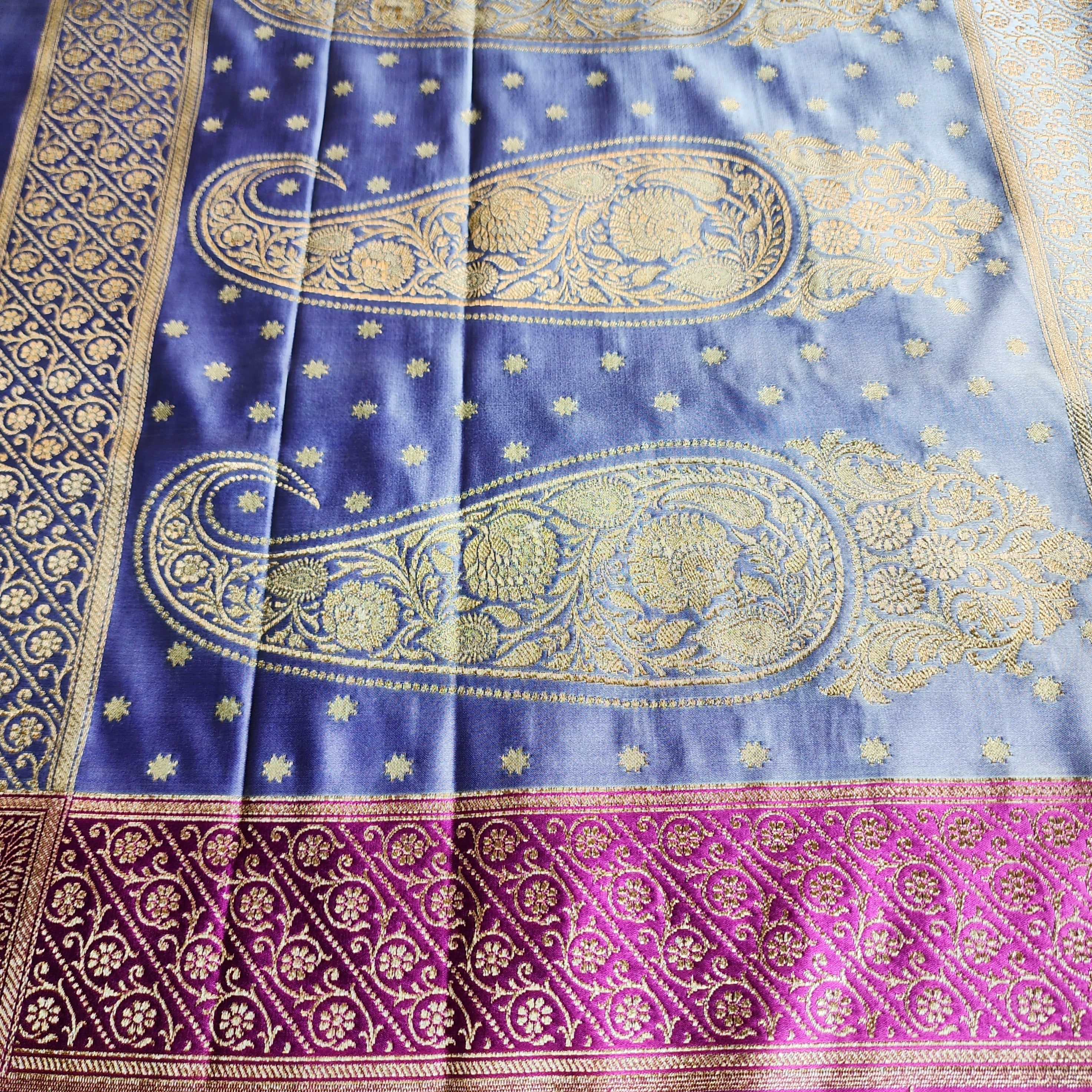 Pastel Purple Katan Silk Saree with Magenta Gold Zari Border