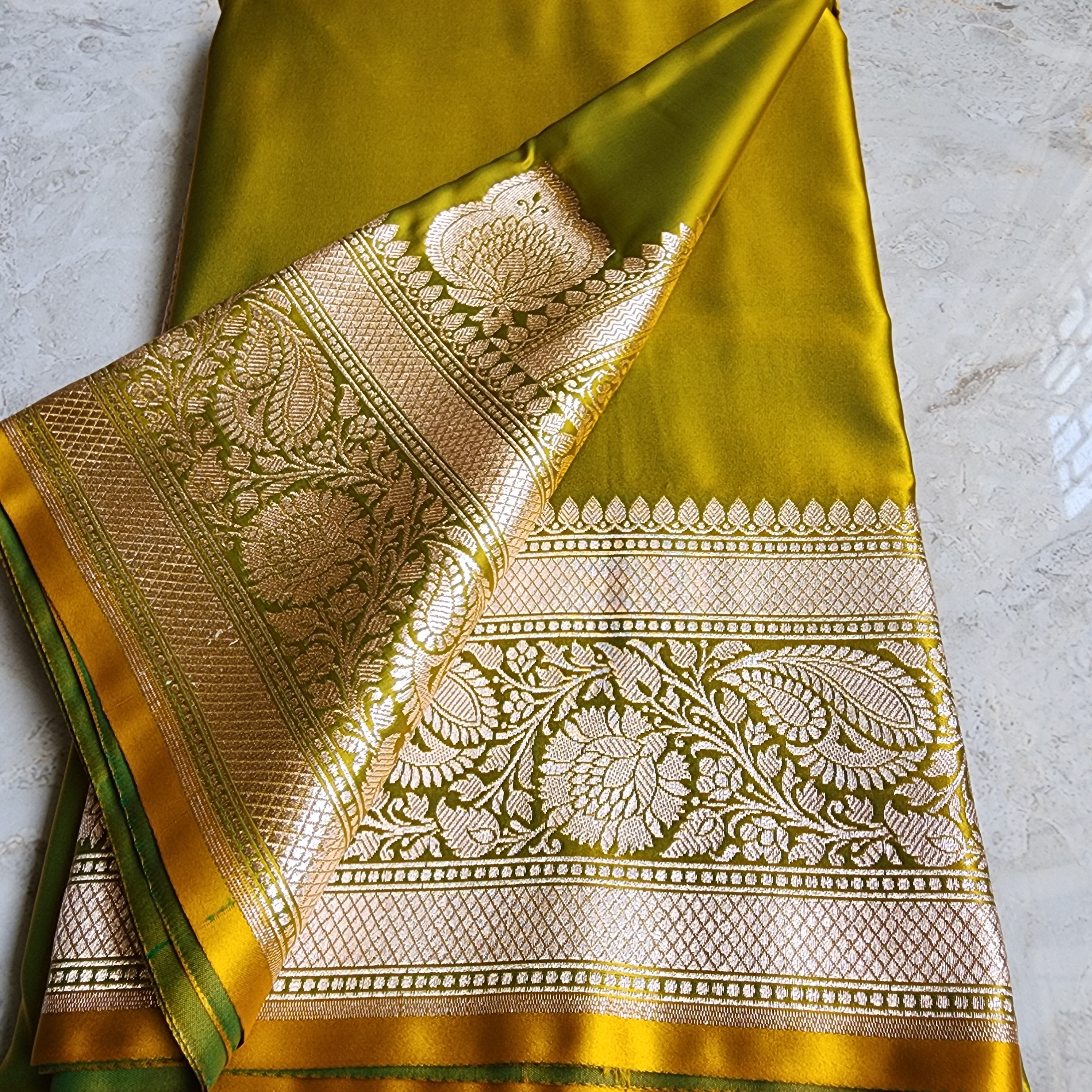 Olive Green Pure Banarasi Katan Silk Saree with light Gold Zari Weaving