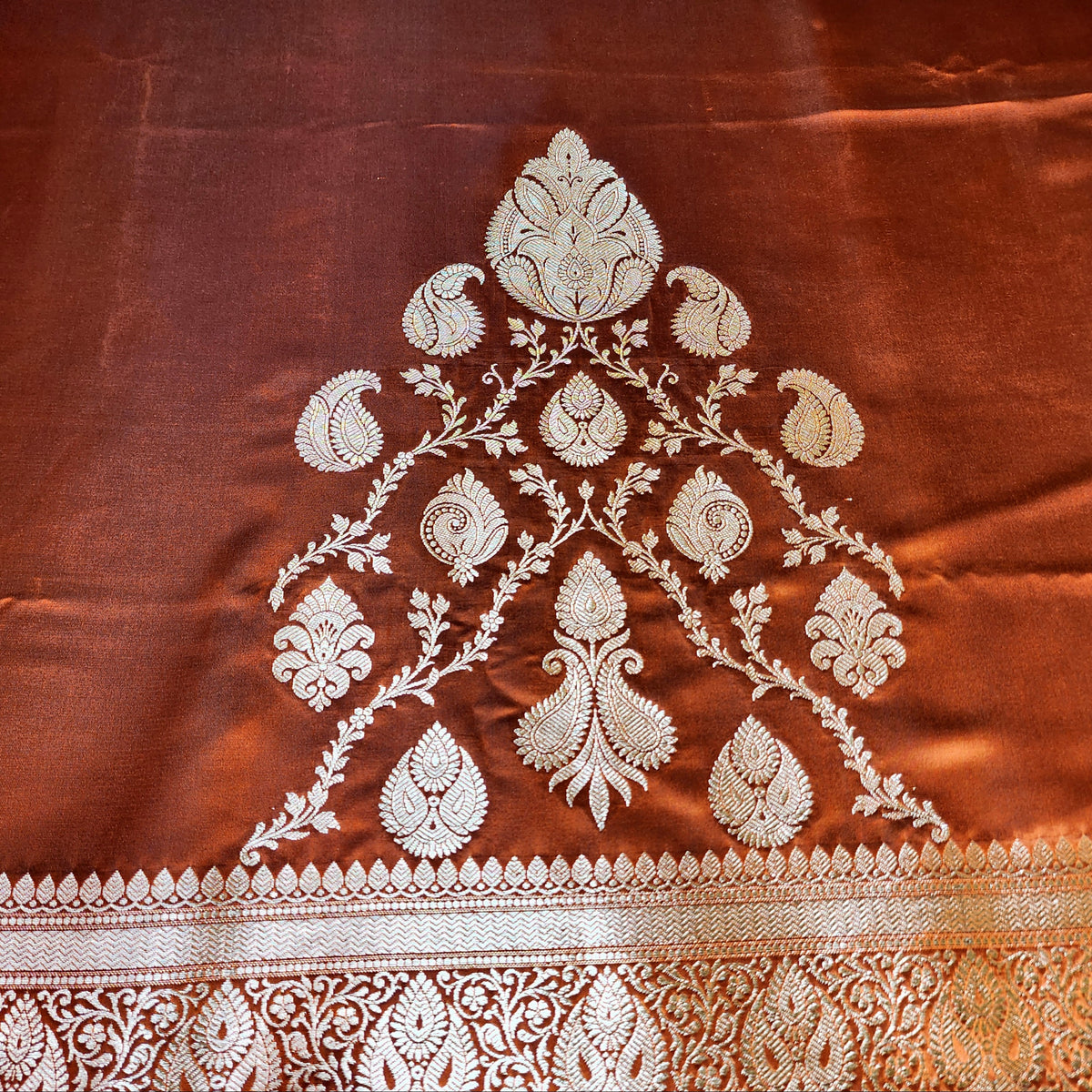 Rich Burnt Copper Pure Banarasi Katan Silk Saree with light Gold Zari Weaving