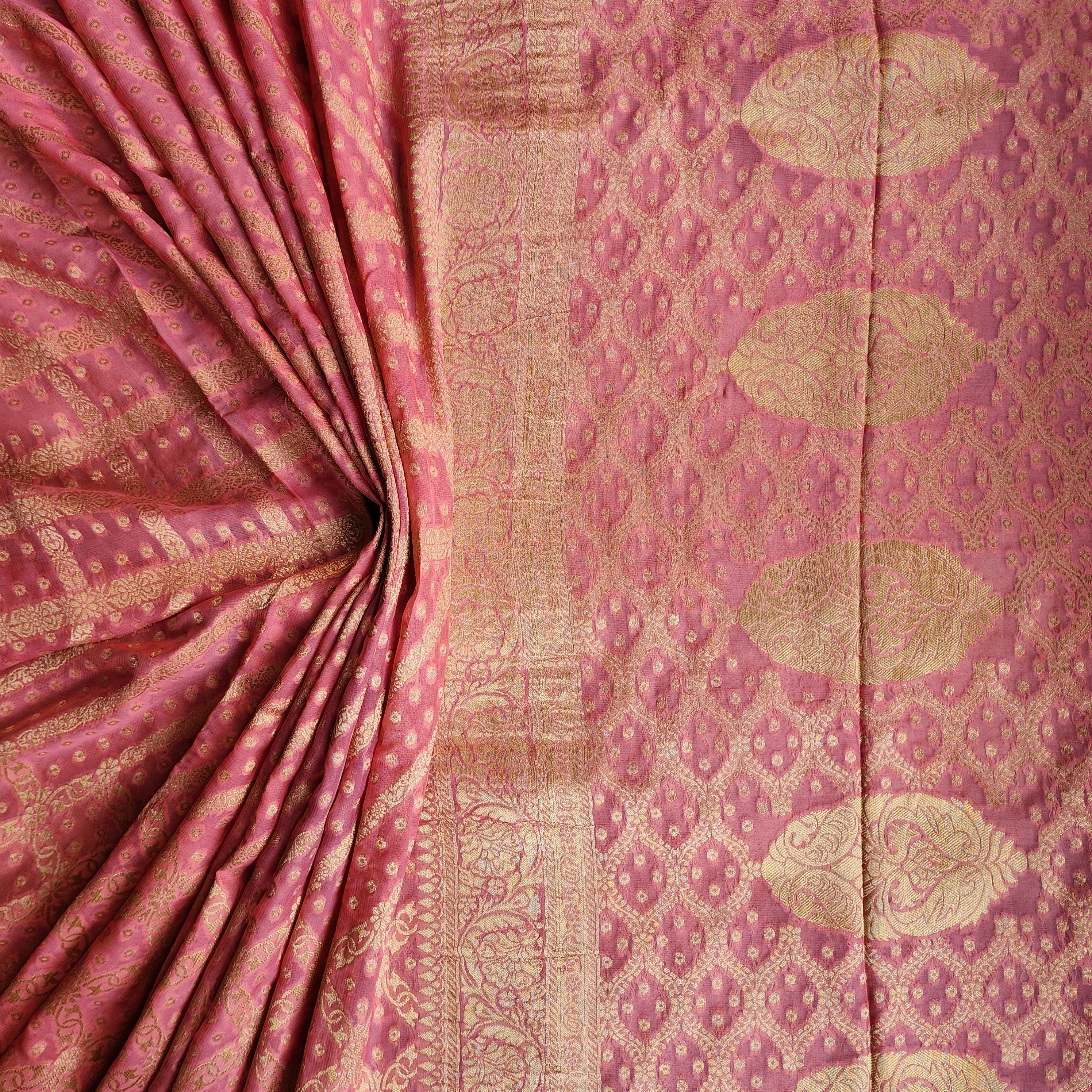 Flamingo Pink Pure Khaddi Georgette Banarasi Saree with Golden Zari