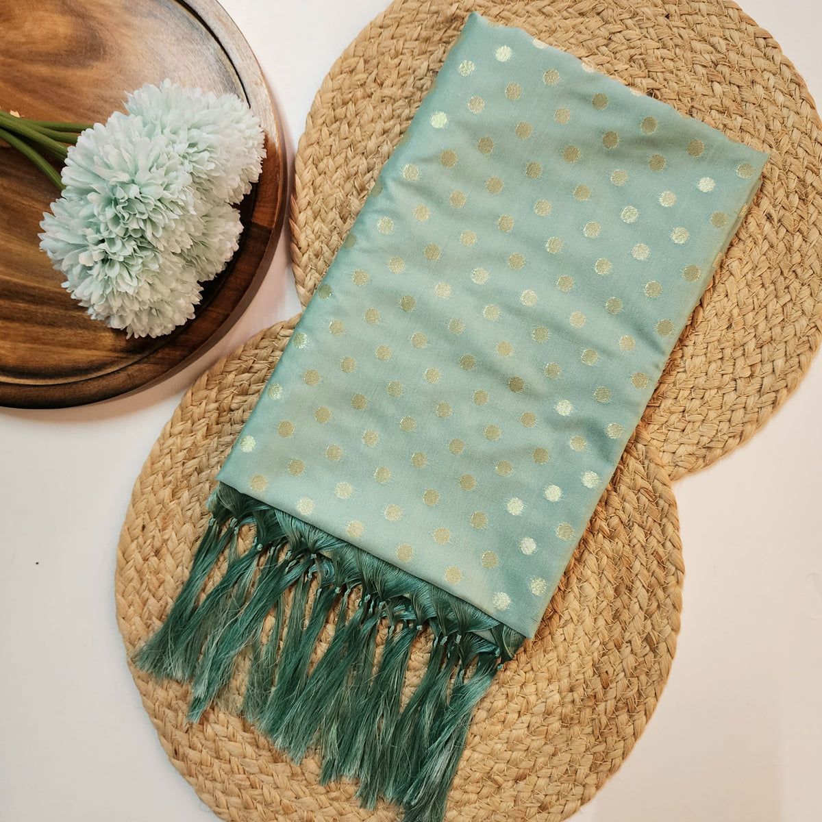 Aqua Blue Banarasi Silk Dupatta with Gold Polka Dot