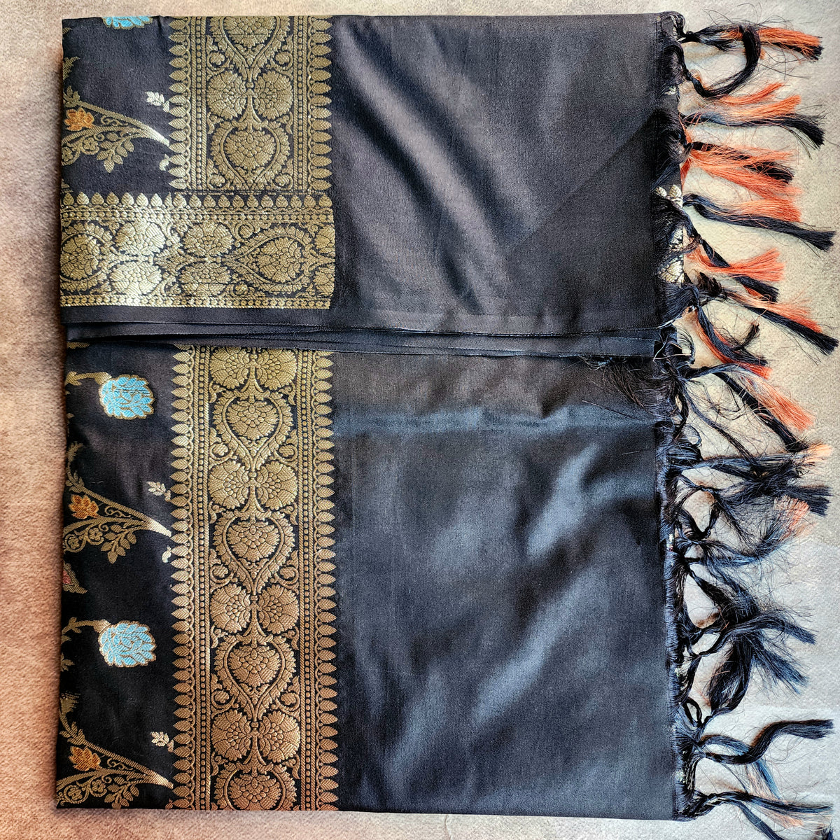 Black Banarasi Silk Dupatta with Gold Zari Border & Multicolor Meenakari Work