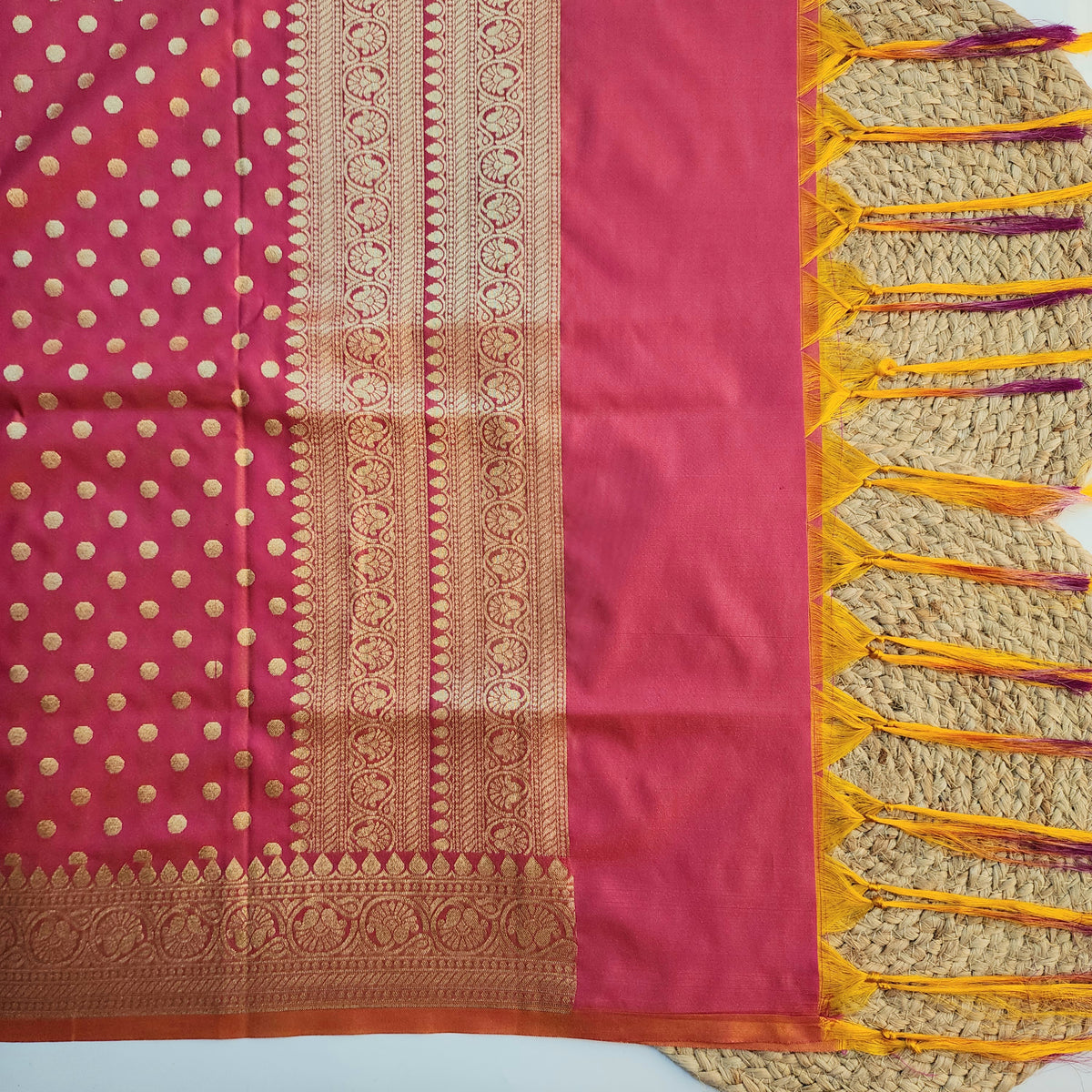 Coral Red Banarasi Silk Dupatta with Gold Polka Dot