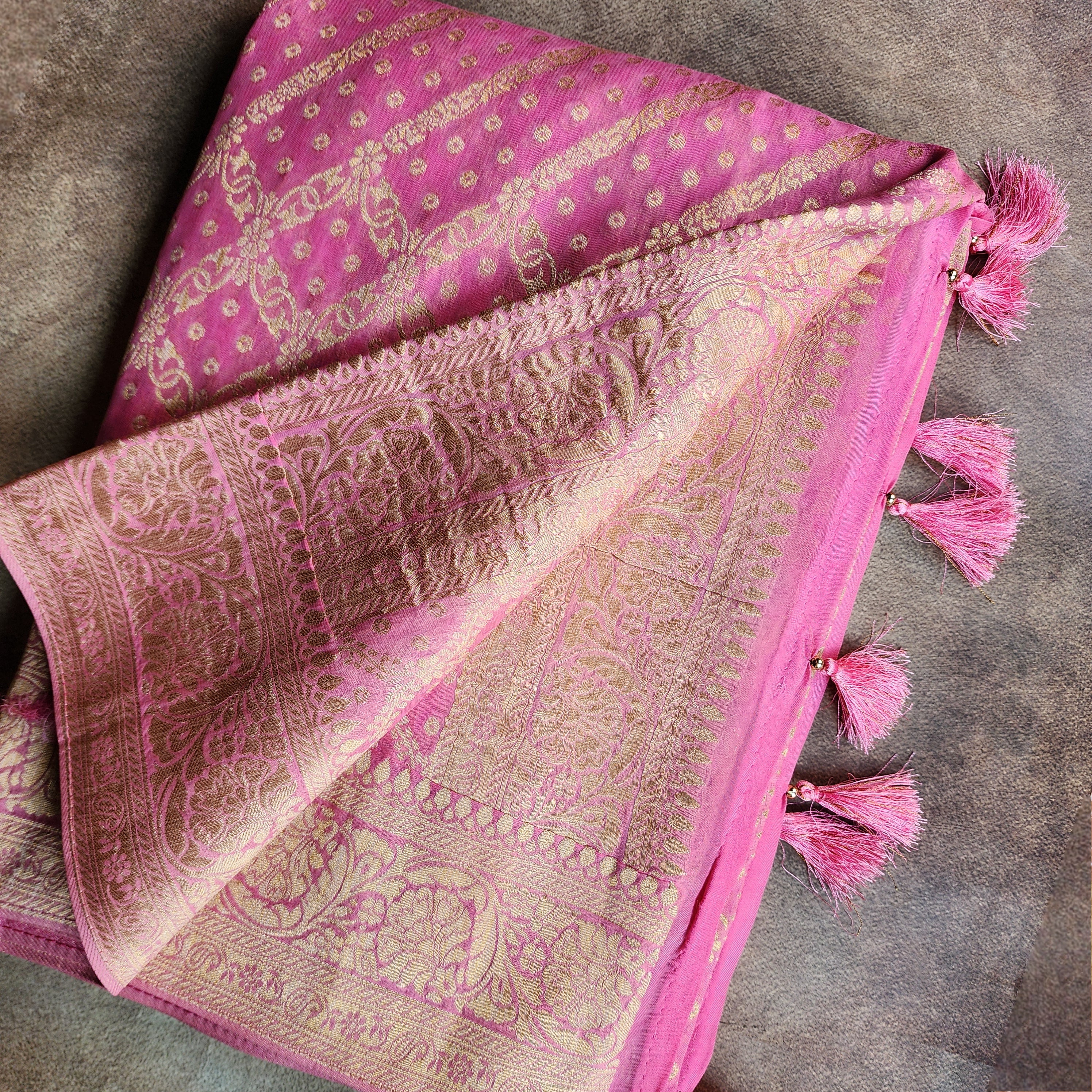 Pastel Pink Pure Khaddi Georgette Banarasi Saree with Golden Zari