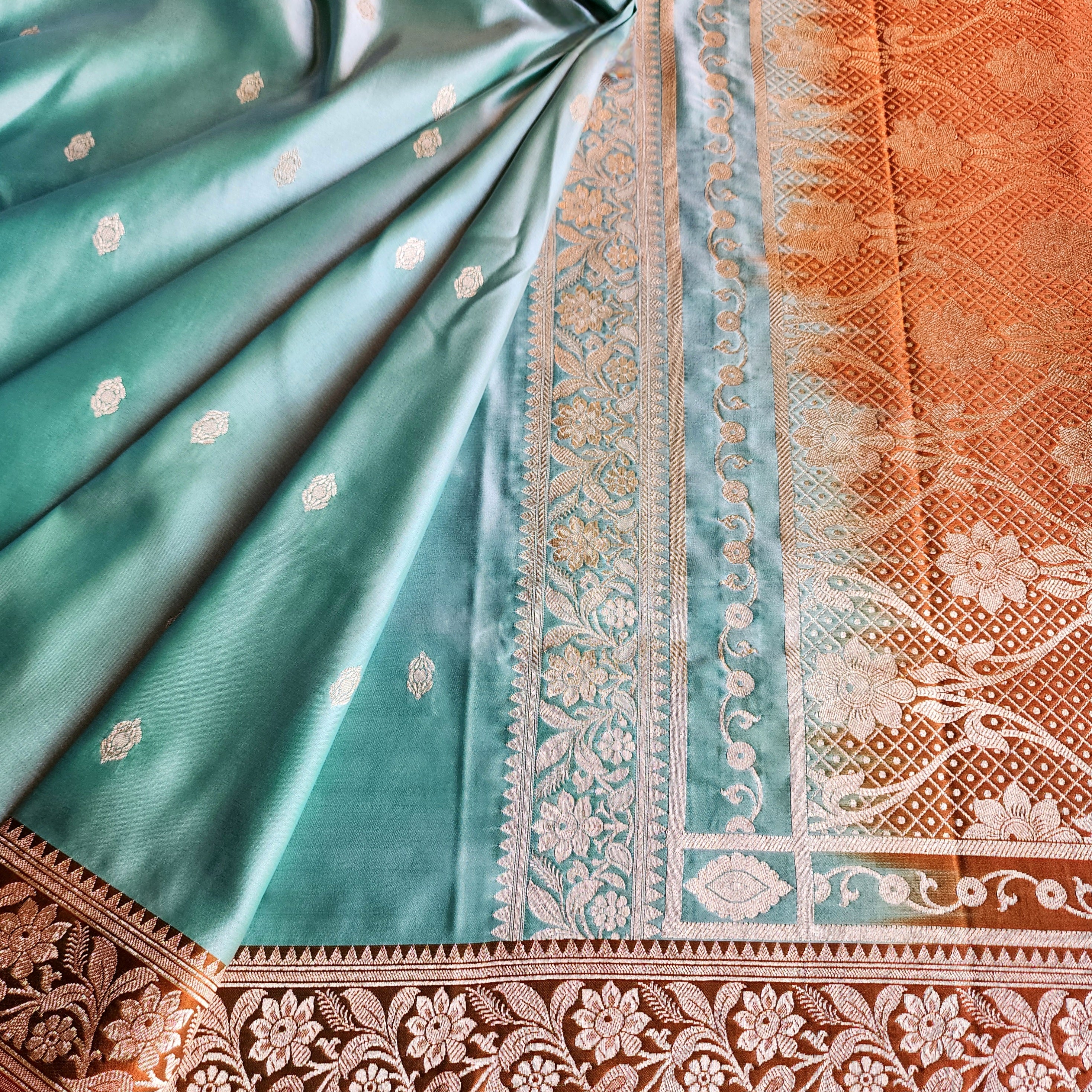 Aqua Katan Silk Saree with Rust and Gold Zari Border