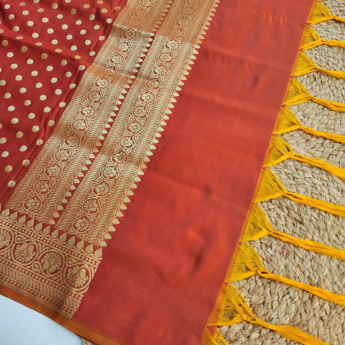 Peach Orange Banarasi Silk Dupatta with Gold Polka Dot
