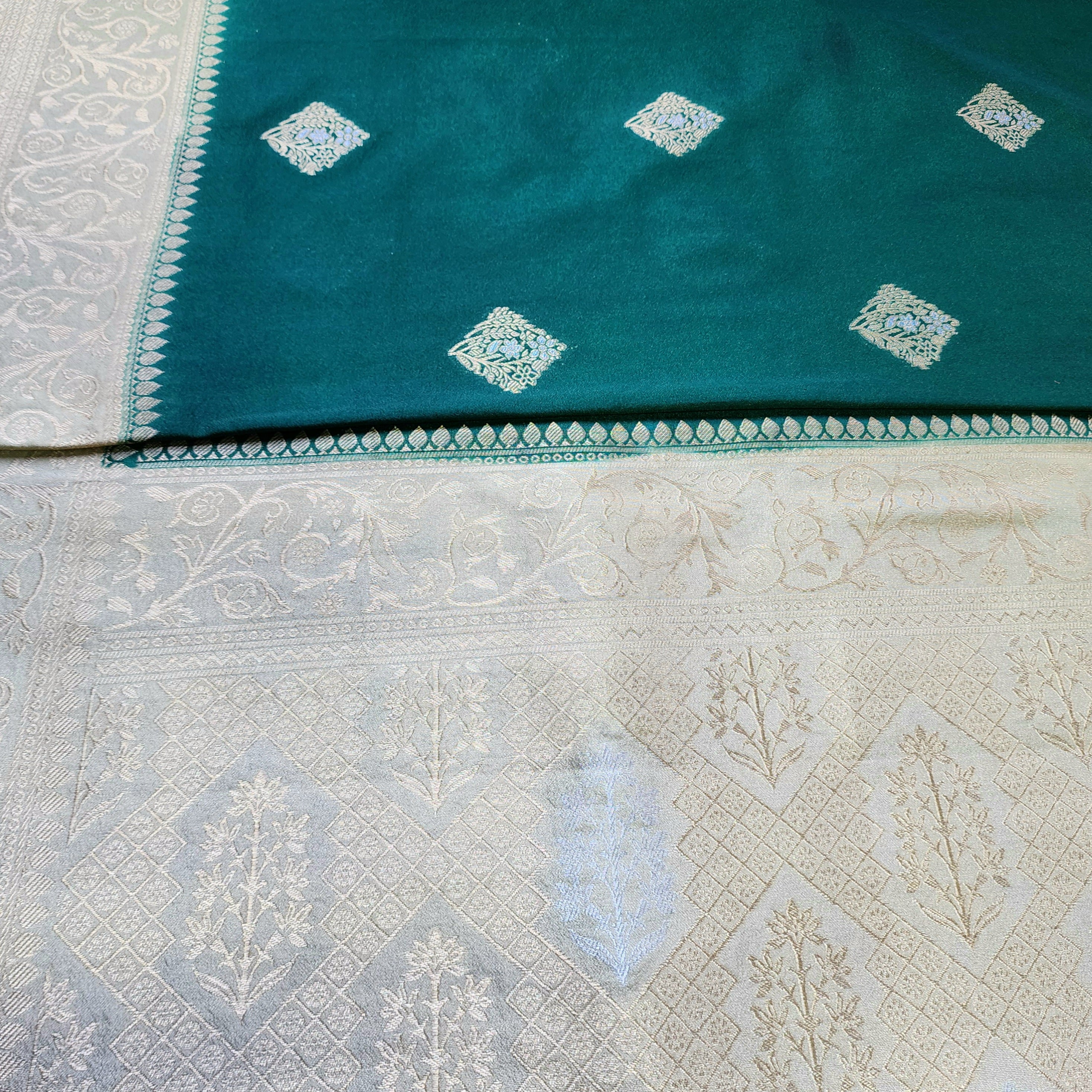 Bottle Green Crepe Georgette Silk Saree with Soft Champagne Gold Zari Border